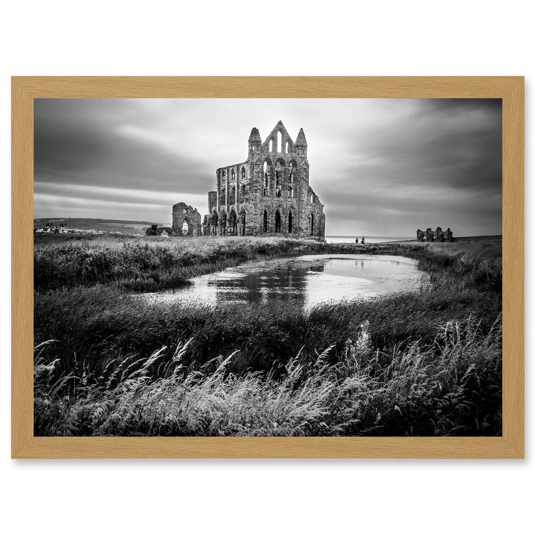 Photo Landscape Whitby Abbey Ruin England UK Black White Artwork Framed Wall Art Print A4