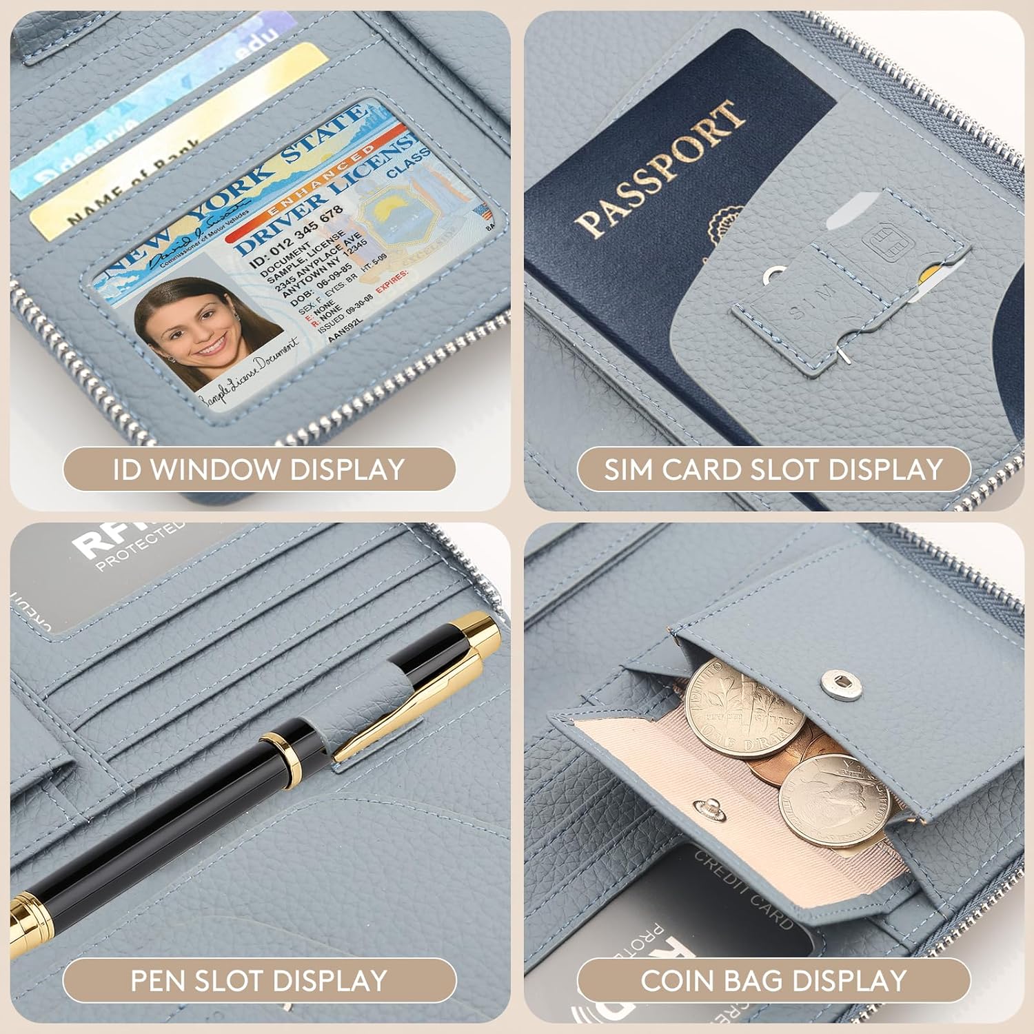 Leather Travel Wallet, RFID passport wallet for travel, with Zippered Pocket and Cash Slot, for Secure Traveling and Documentation Organizer（Denim blue）