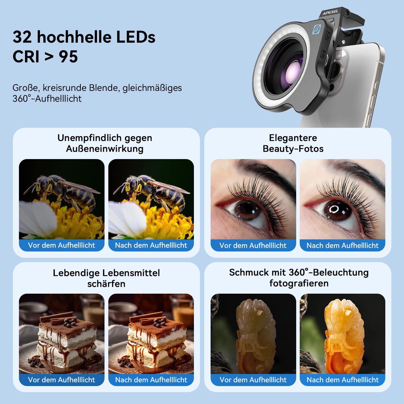 APEXEL HB100 Ultra-HD Handy-Makroobjektiv F1.05 mit mit 45 Fülllichtmodi und AF-Beschichtung,Handy Objektive Passend für iPhone, Samsung, Pixel Smartphones