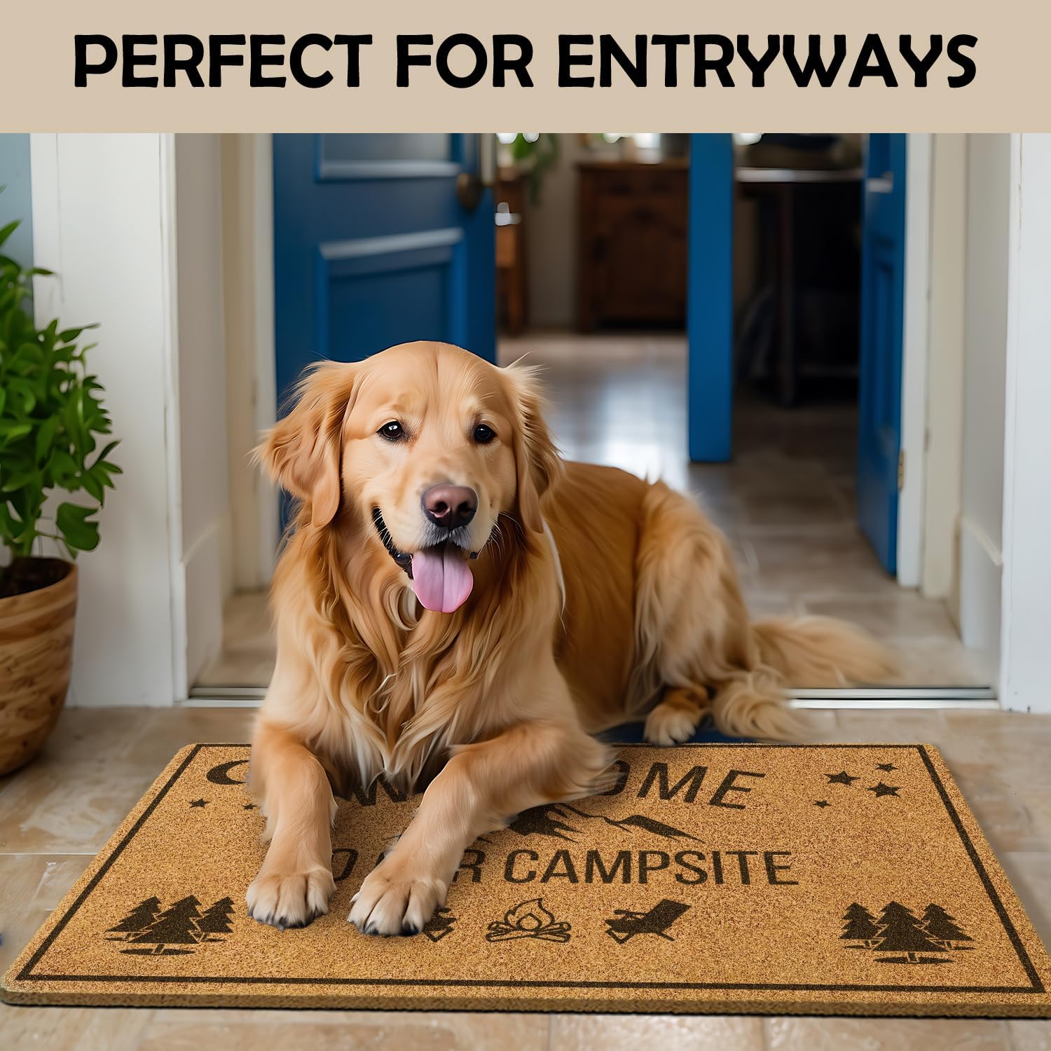 Camping Welcome Mat, Welcome to Our Campsite Faux Coir Doormat Outdoor Entrance, Mountain Forest Campfire Camper Mats Small Rugs for RV Trailer Campsite, 17x30 Inch