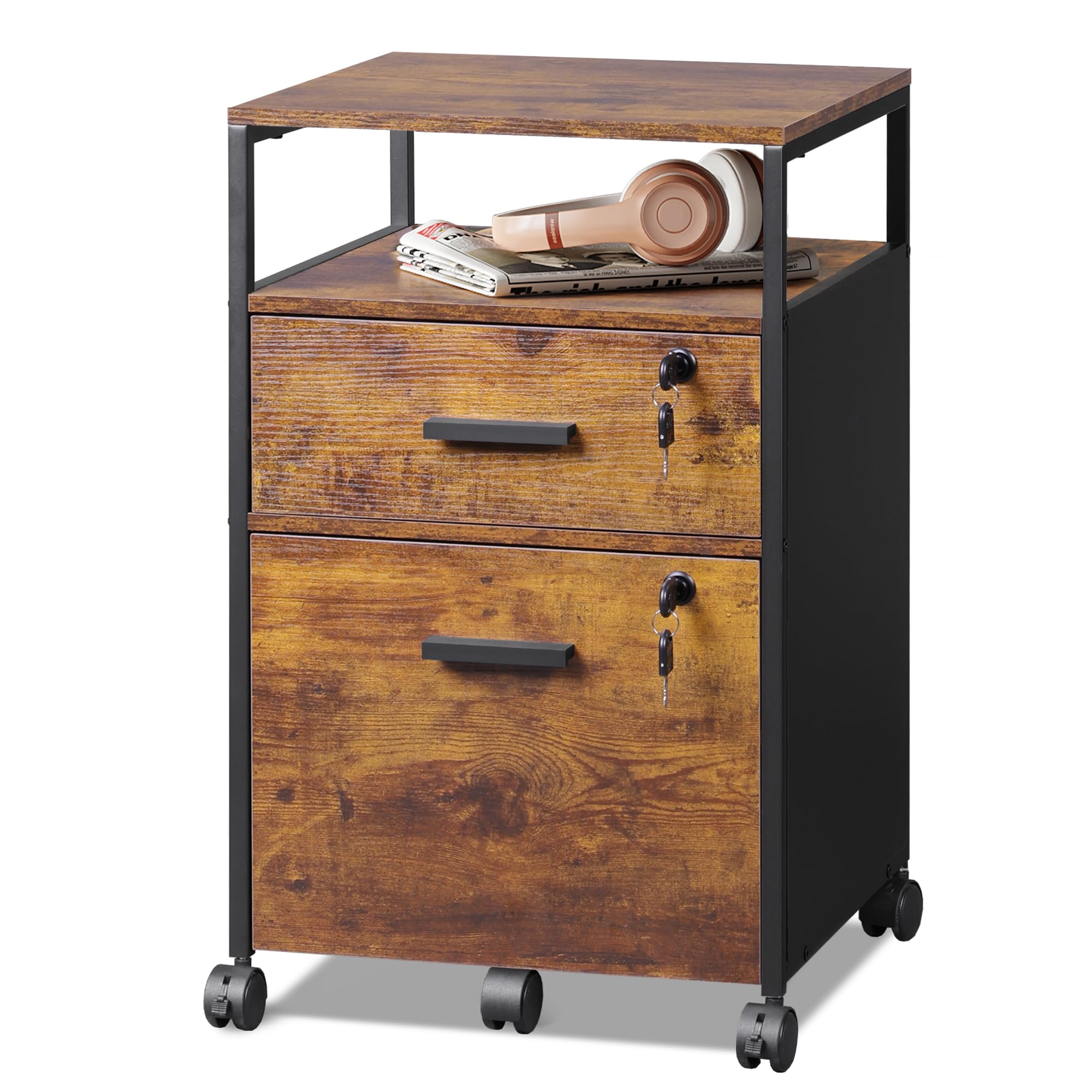DEVAISE Rollcontainer mit 2 Schubladen und offenen Ablagen, Mobiler Aktenschrank mit Rollen, Druckertisch für DIN A4/Legal/Letter, Schubladenschrank für Büro und Home Office, Retro Braun