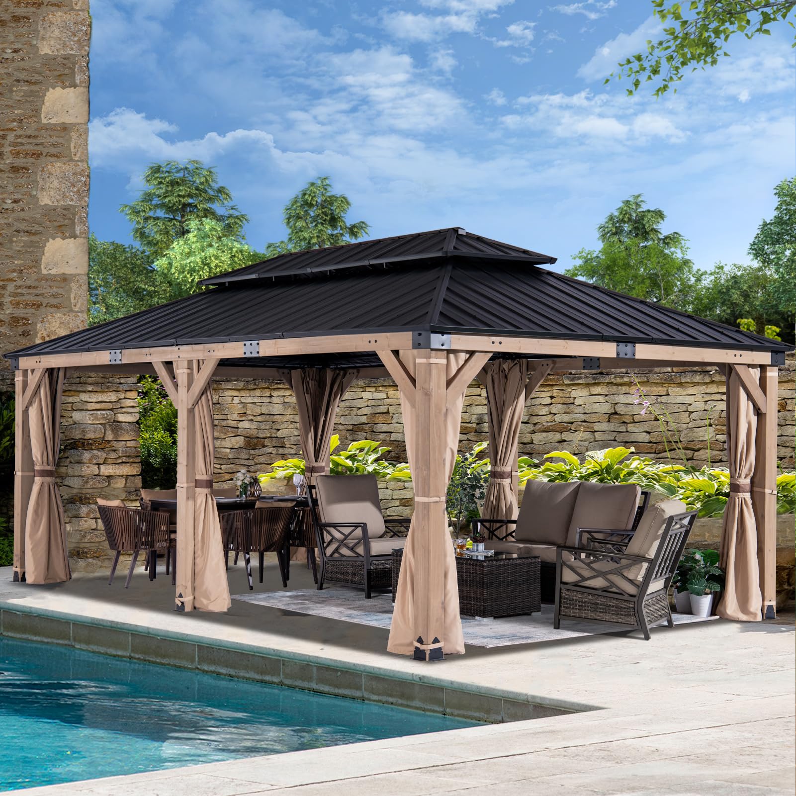 StarEcho 12x20ft Outdoor Hardtop Cedar Gazebo, Natural Solid Wood Frame Gazebo with Netting & Curtains,Metal Canopy Pavilion with 2-Tier Vented Roof, for Backyard, Lawn, Garden, Deck(Gray)