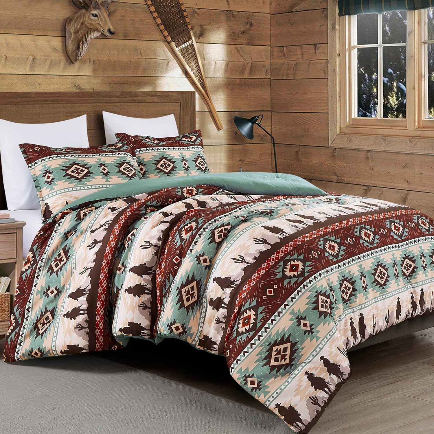 Chezmoi Collection Audun Set Copripiumino 3 Pezzi Queen | Microfibra Lavata | Stile Cowboy Sud-occidentale Azteco | Colori Marrone, Beige, Rosso | Certificato OEKO-TEX