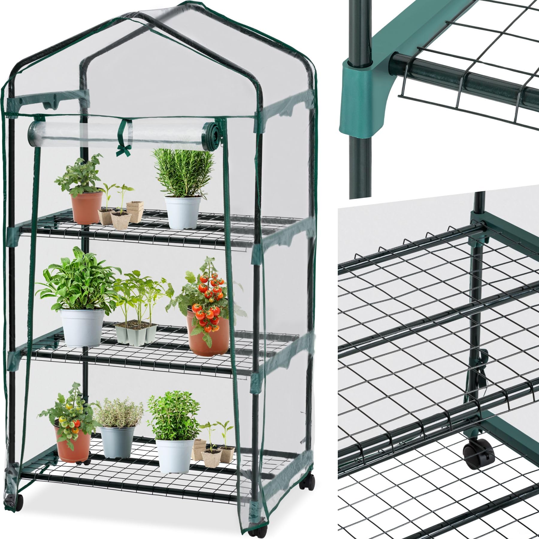 tectake® Serra da Giardino con Telaio in Acciaio, Serra da Esterno con 3 Piani di Appoggio, Griglia in Metallo, Pellicola in PVC, Comoda Porta di Accesso, Trasportabile, 69x49x133 cm
