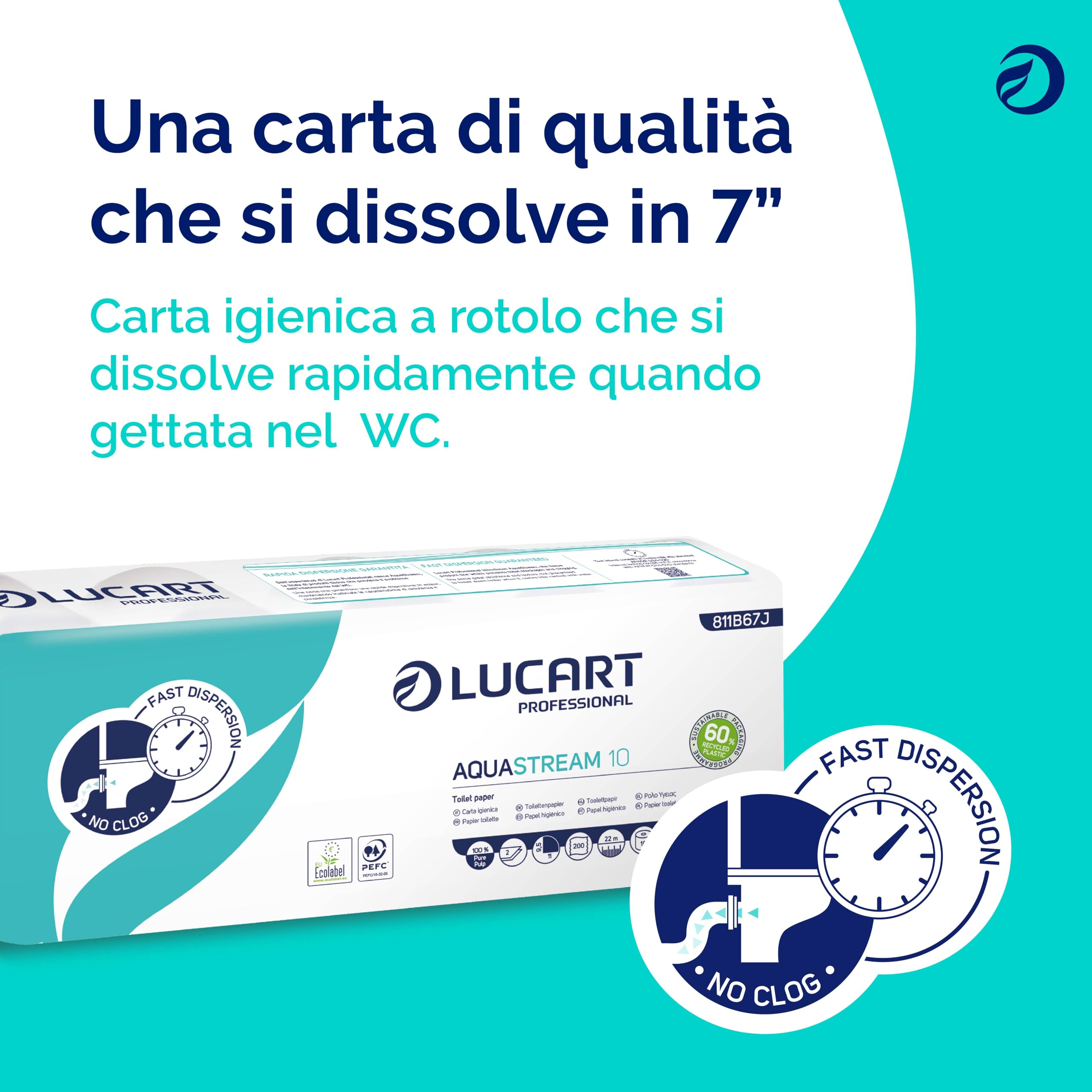 Lucart Professional, AquaStream 10, Carta Igienica a Rotolo ad alta dissolvenza in pura cellulosa, 10 Rotoli da 200 strappi per confezione, 9,5x11 cm (L'imballaggio può variare)