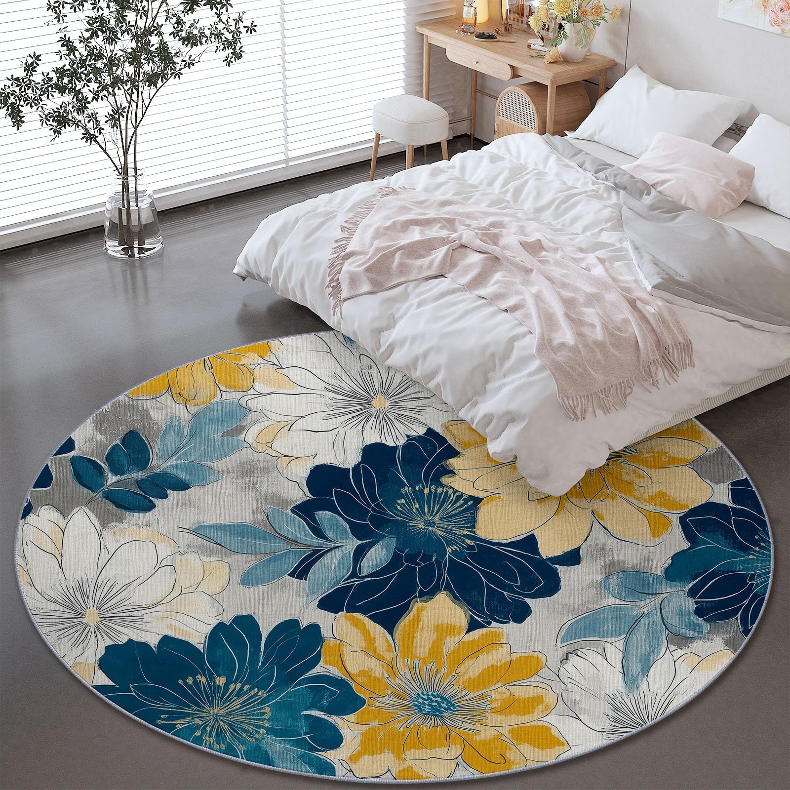 Teppich Rund 150 cm Elegant Retro Blumen, rutschfest Teppiche Wohnzimmer Runder - Waschbar Rund Teppiche Kurzflor Weich Runder Teppich Senfgelb Blau for Schlafzimmer Studie