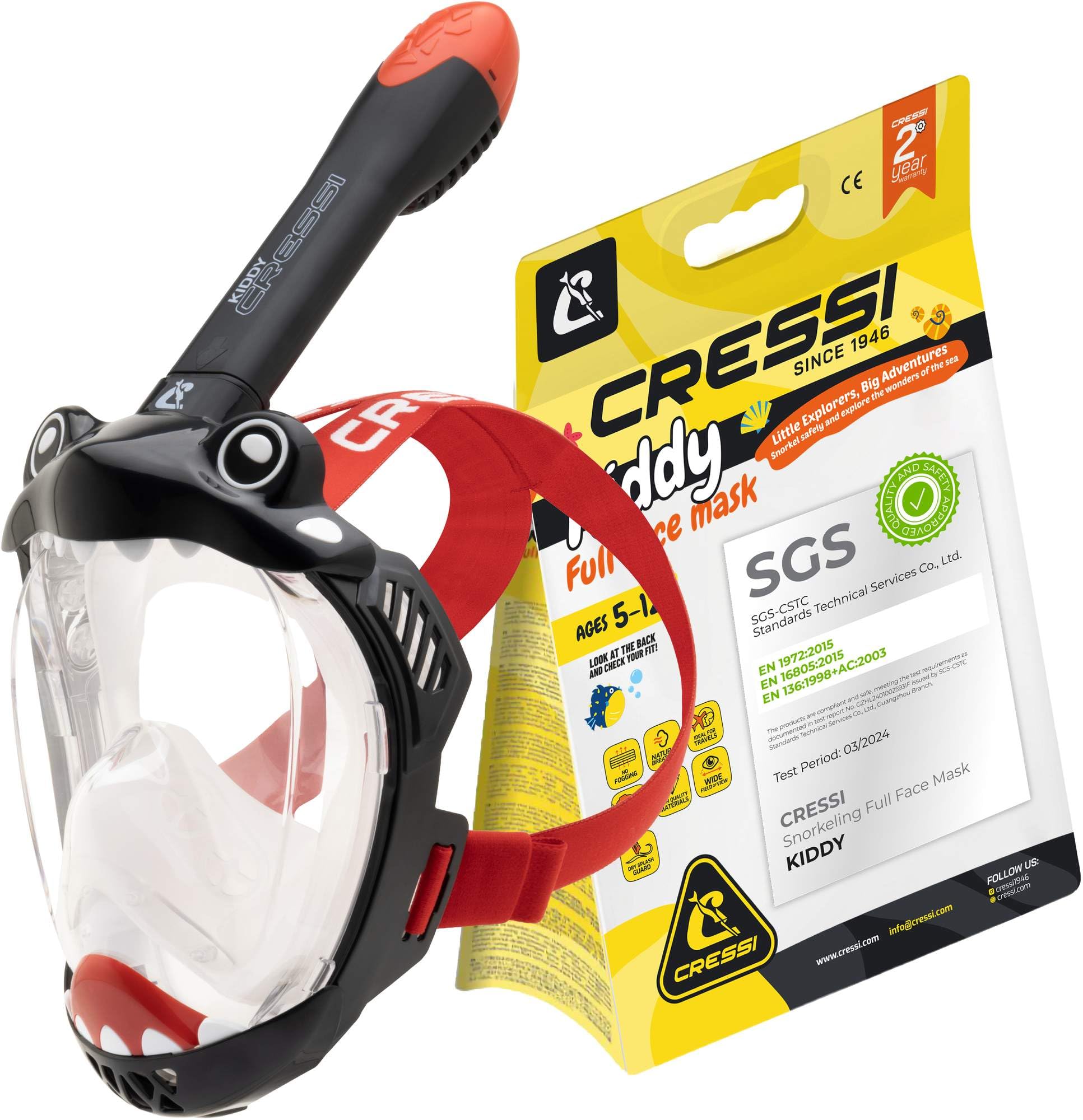 CRESSI Kiddy Kids Full Face Mask Black/Clear/Red - Full Face Mask - CO2 Safe - Designed Specifically for Children, Anti Fog, Exhalation Valve and Dry Snorkel