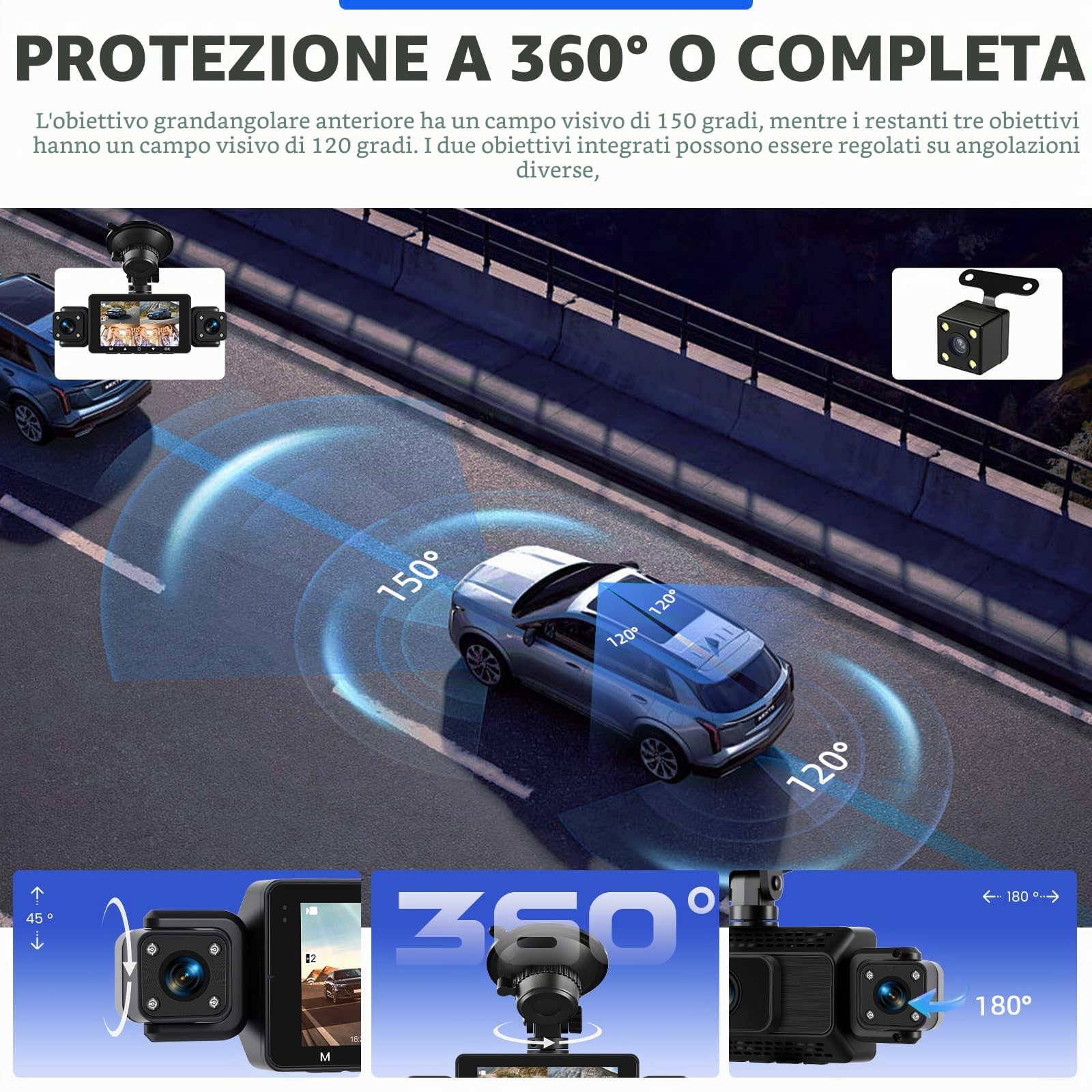 Dash Cam Auto 360 Gradi 4 Canali 1080P, Schermo 3 Pollici | Dash Cam Tutto Intorno con WiFi/64GB/G-Sensor/Telecamera Posteriore/Visione Notturna/Registrazione in Loop