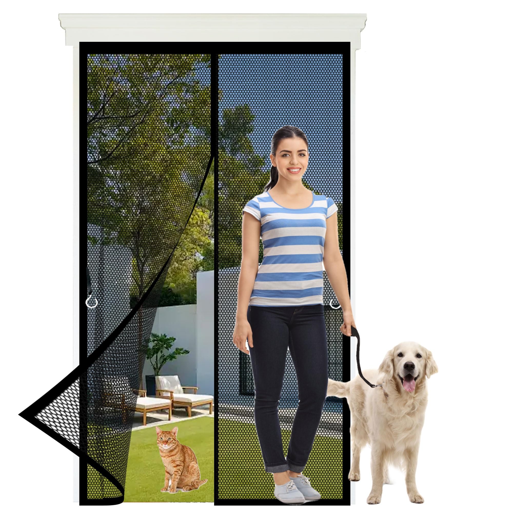 Magnetic Fly Screen Door 123 x 173 cm Frame Hook & Loop, Powerful Magnets Fly Screens for Doors Heavy Duty, Lets Fresh Air for Keeping Out Flies, Black
