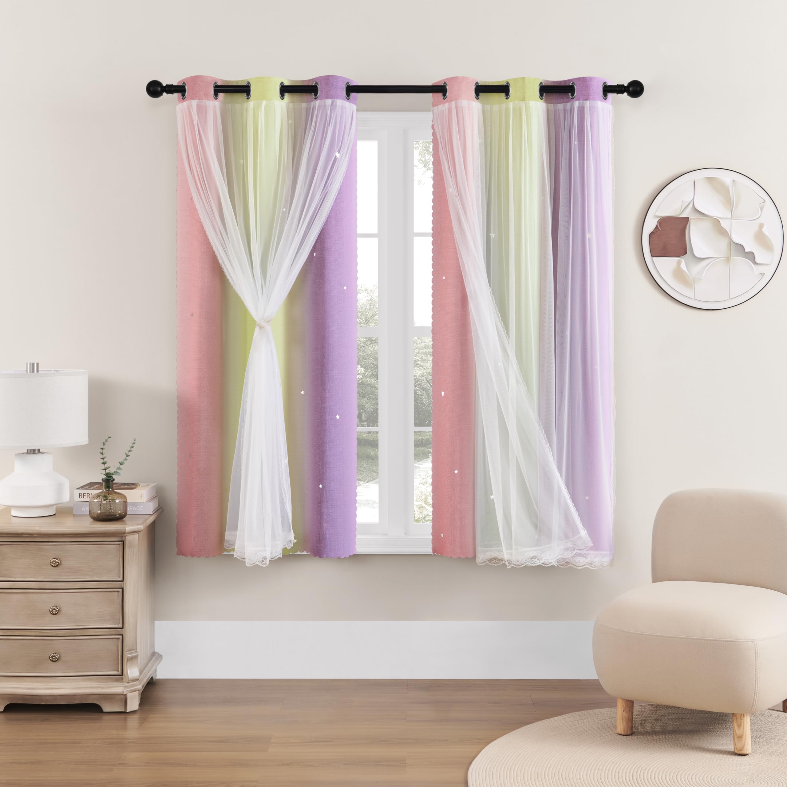 XiDi Filtro de luz térmico opaco compacto, diseño de estrellas, color rosa, amarillo y morado, 86 x 160 cm, para ventanas pequeñas con velo y diseño de agujeros, pin/ye/pur/86/160/2