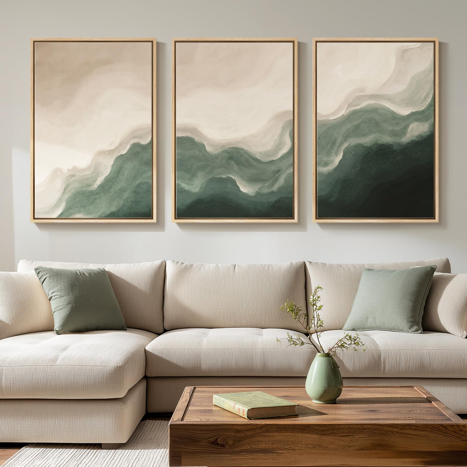 large framed green and beige abstract wall art set of 3, modern neutral canvas prints paintings artwork for walls, minimalist abstract pictures for living room dining room bedroom wall decor 20x30 in
