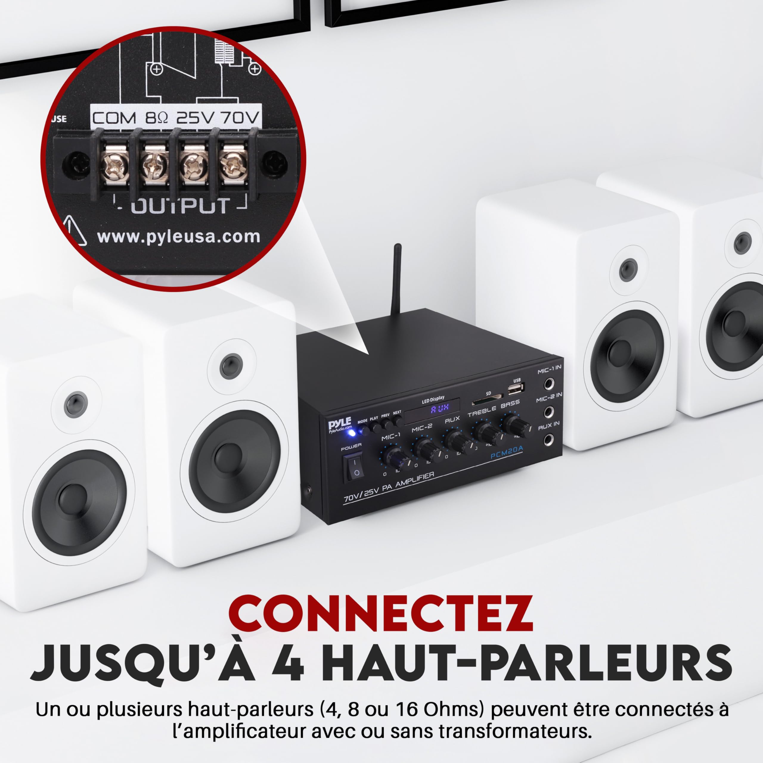 Pyle – Amplificateur Audio Compact 40 W Bluetooth pour Maison et PA, Entrée AUX, 2 Entrées Micro avec Talkover, Sorties Haut-Parleurs 8 Ohms / 25 V / 70 V, Réglages Graves/Aigus