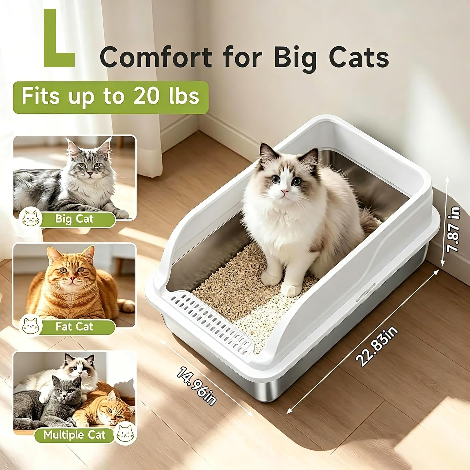Stainless Steel Cat Litter Box, Metal Low Entry Litter Boxs with Lid, Large Litter Box Never Absorbs Odors, Leak-Proof, Stain-Free, Rust-Free, Easy to Clean, Scoop Included