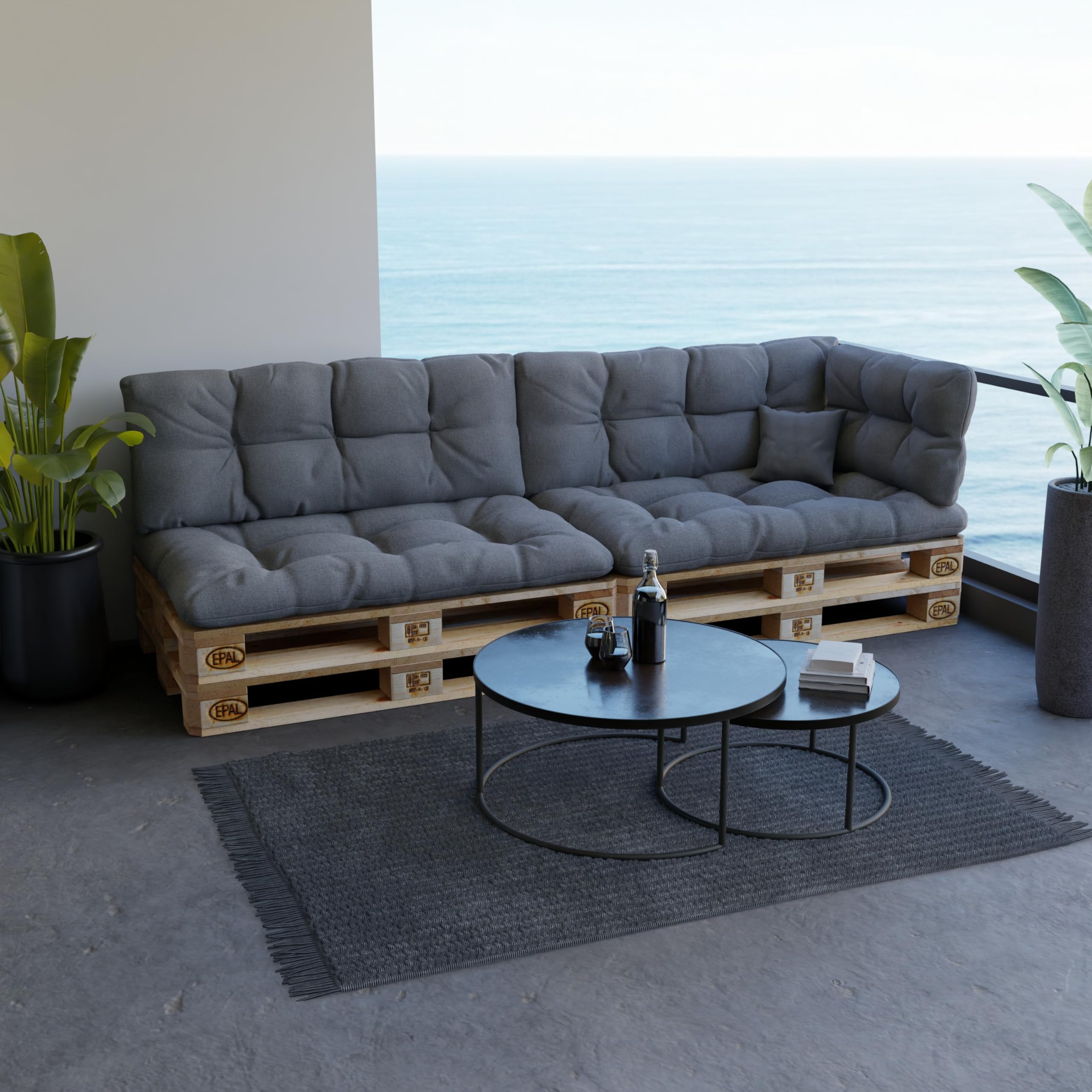 POKAR Juego de Cojines aconchadas 6 Piezas para Europalés: 2X Asiento 120x80cm +2X Respaldo 120x40cm + 1x 60x40cm Lateral + 1x cojín Decorativo 40x40cm, para sofá de paletas, sin palés, Gris