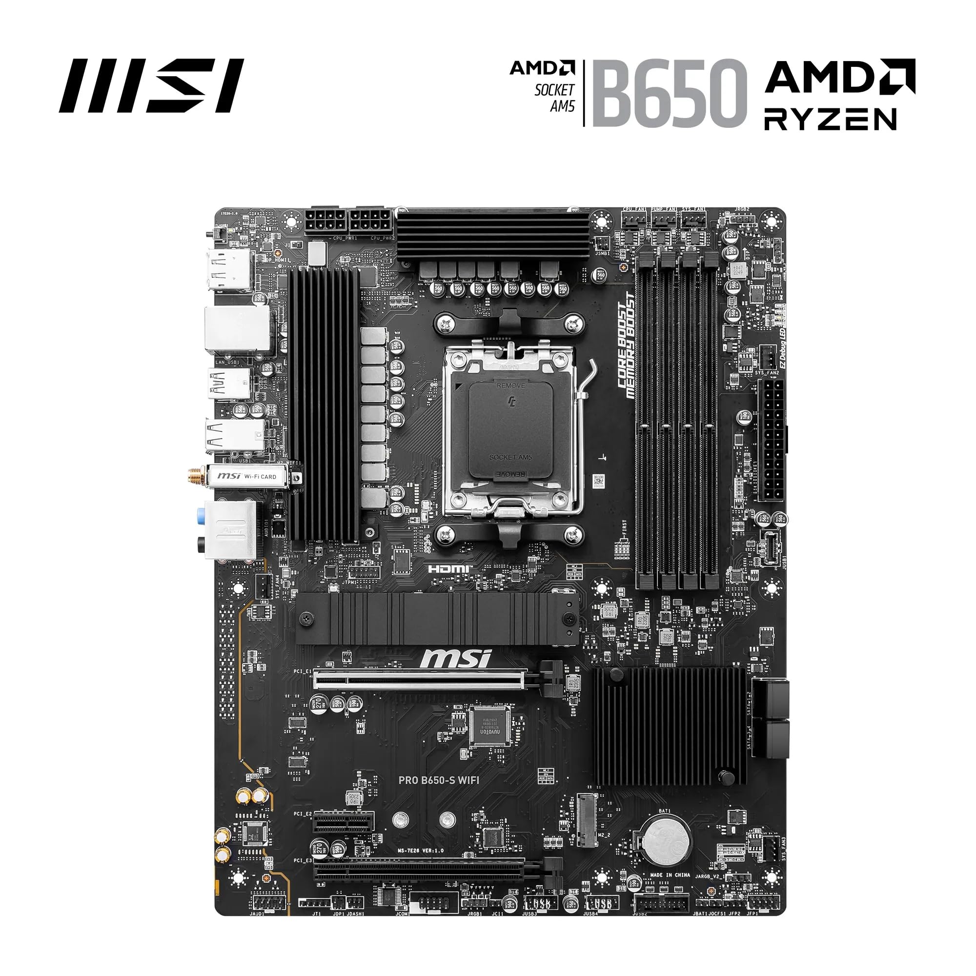 MSI PRO B650-S WiFi V1 Motherboard, ATX - Supports AMD Ryzen 9000/8000 / 7000 Series Processors, AM5 - DDR5 Memory Boost 6000+MHz/OC, 2 x PCIe 4.0 x16, 2 x M.2 Gen4, Wi-Fi 6E