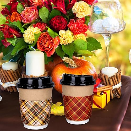 Miniatura 6 de Whaline Paquete de 60 fundas para tazas de café a cuadros de otoño, desechables, de papel kraft para tazas de café de 12 y 16 onzas, para otoño,