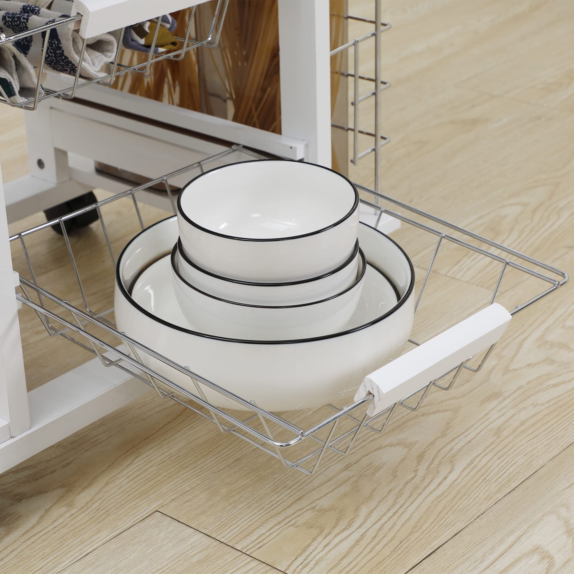 HOMCOM Carrito de Cocina con Ruedas y Encimera Baldosada Carrito Verdulero con Cajón, 4 Cestas Metálicas y 4 Porta Especias Laterales para Comedor 57x37x83 cm Blanco