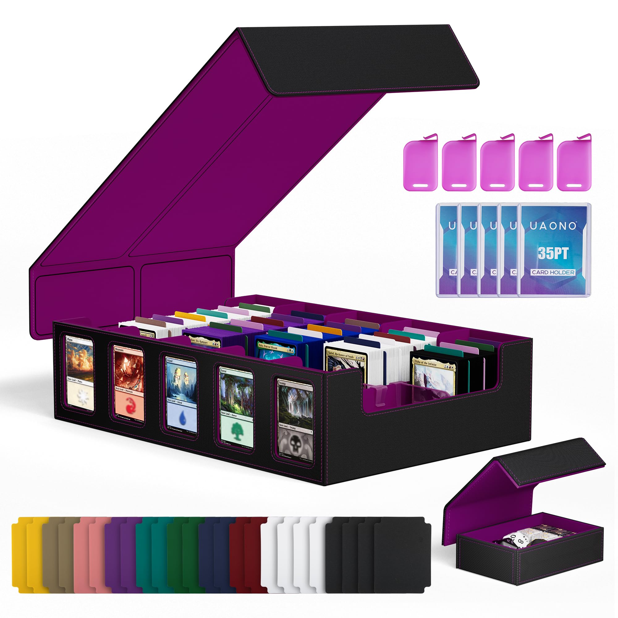 UAONO Trading Card Storage Box with Commander Display;3900+ Card Box for MTG, Removable Cover; 5 Row Case fits MTG TCG Sports Cards 48 Dividers,5 Stoppers,5 Top Loaders,1 Dice Box(Black, Purple)