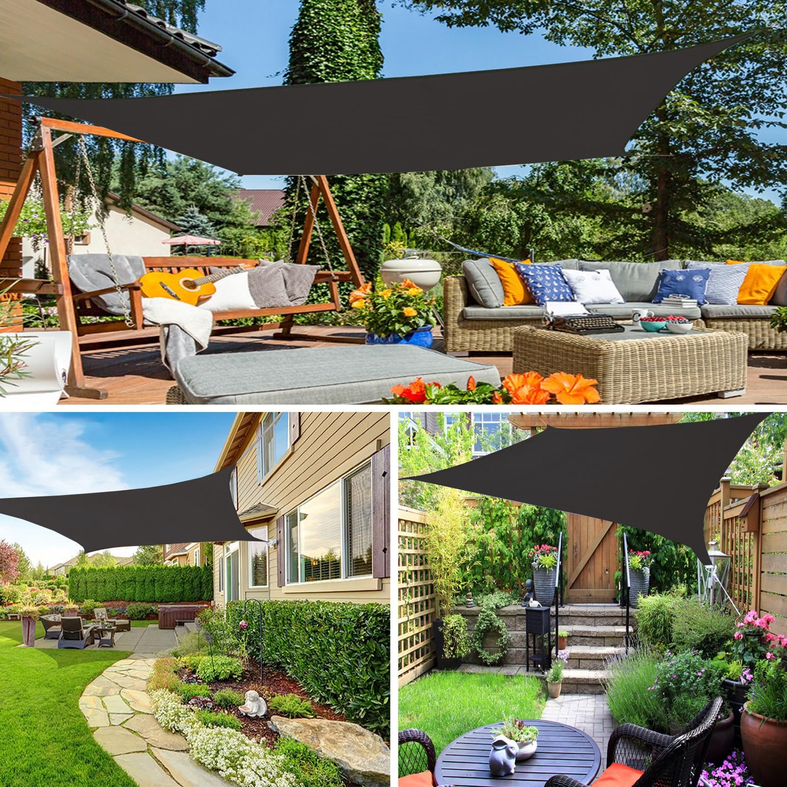 Sonnensegel, wasserdicht, rechteckig, UV-Schutz, für Garten, Balkon & Terrasse, inklusive Befestigungsseilen, Schwarz, 4 x 5 m