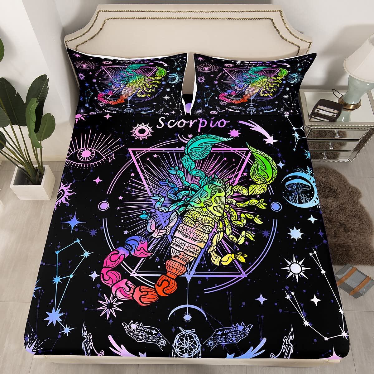 Boys Multi 08 Scorpio Fitted Sheet Double Size, Trippy Astrology Bed Cover With 2 Pillowcases, 12 Constellations Zodiac Bedding Set 3Pcs For Kids Girls Room Decor, Soft Polyester Bedding