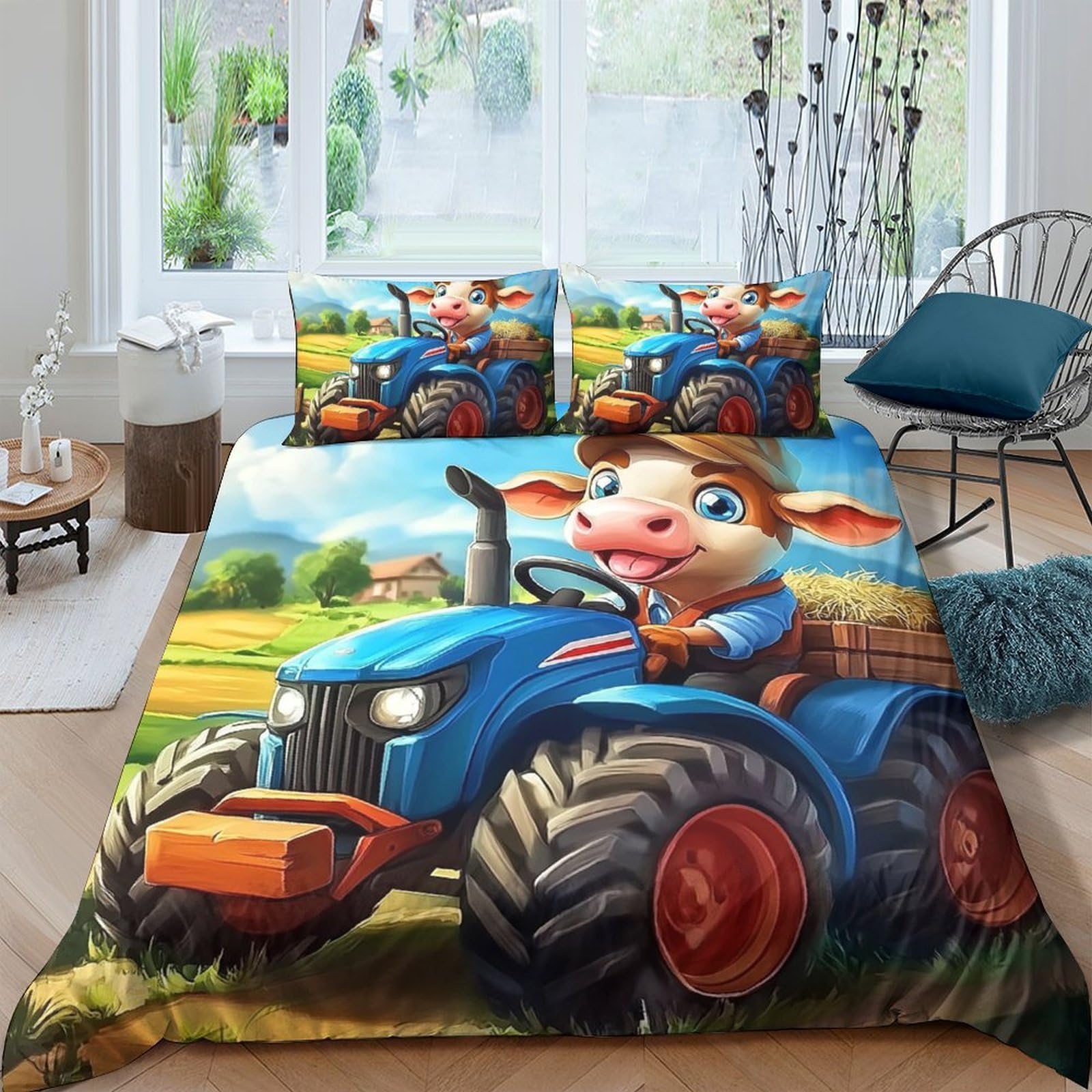 Ctjqhvkz Style-9 3D Printed Cartoon Cow Tractor Fitted Sheet Microfiber Anti-Slip Bed Cover For Bedroom Dorm Room Decor Easy Care Single（135X200cm）