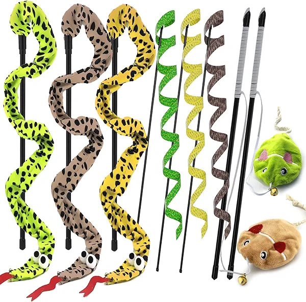 URMYONLY Interactive Cat Toy Wand with Catnip Mouse, Cat Teaser Wand Rainbow String for Bored Indoor Adult Cats and Kittens (8 Pack)