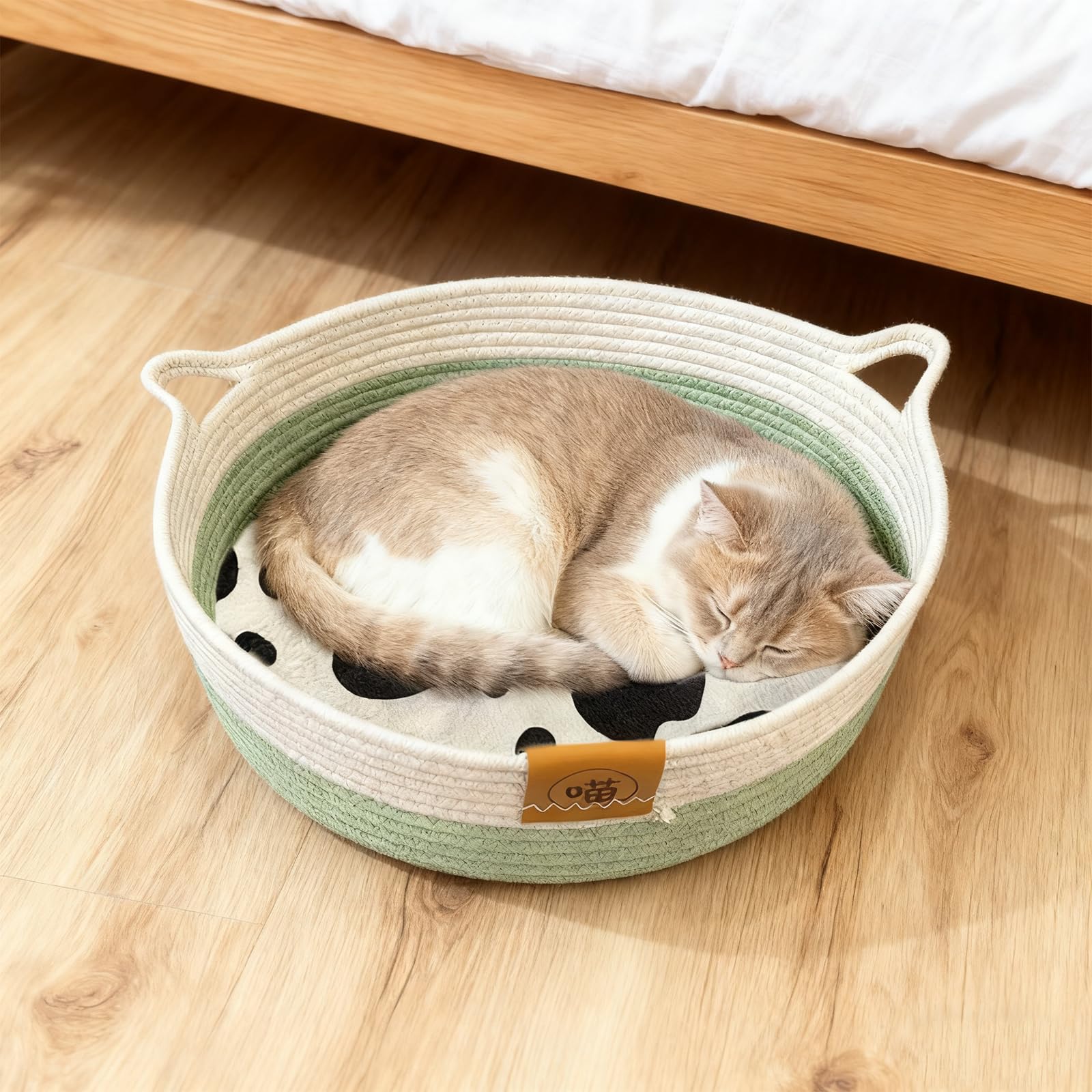 UCFBWO Katzenbett Waschbar aus Baumwollseilen, 40cm Katzenkörbchen mit Baumwollekissen, Katzenkorb Geflochten, Katzenkorb zum Schlafen, All Season Universal