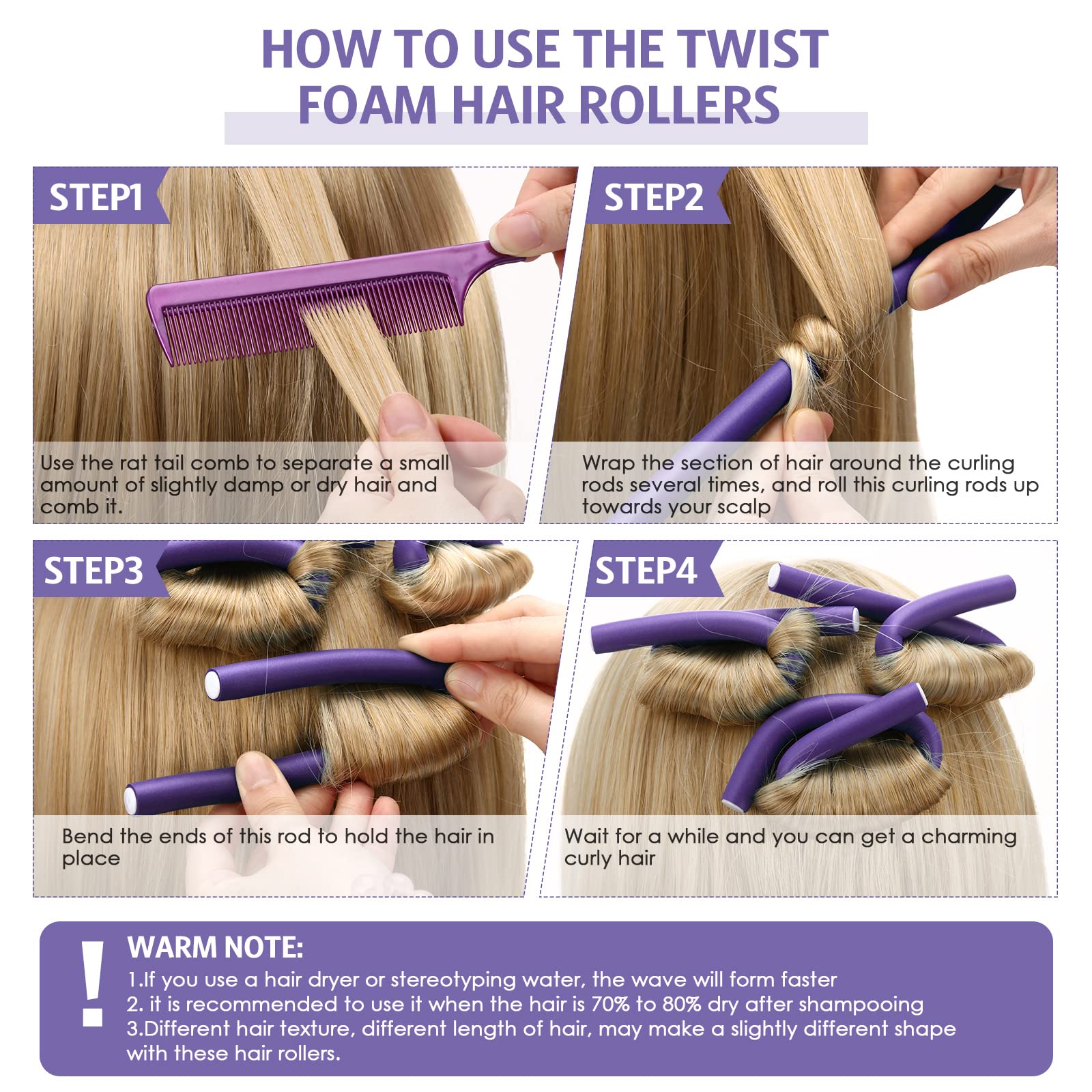 30 bigodini flessibili per capelli in schiuma, girevoli, morbidi, senza calore, e 1 pettine a coda di topo in acciaio, per donne e ragazze, per capelli lunghi e corti (viola, 24 x 1,2 cm)