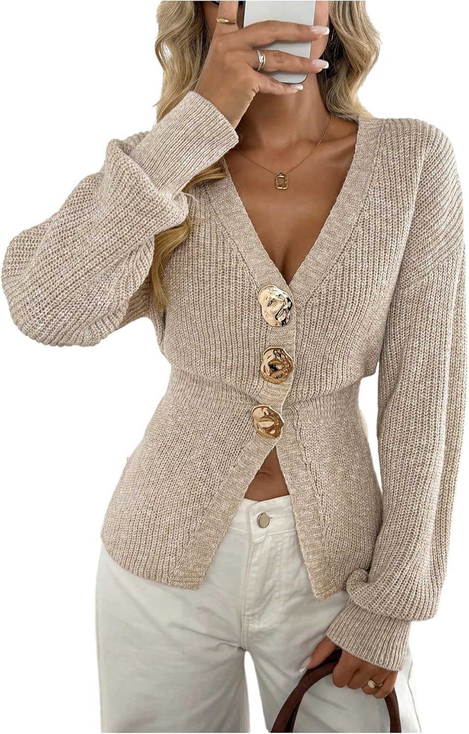 MakeMeChic Women's Metal Cardigan Sweaters Button Up Long Sleeve Old Money Outerwear