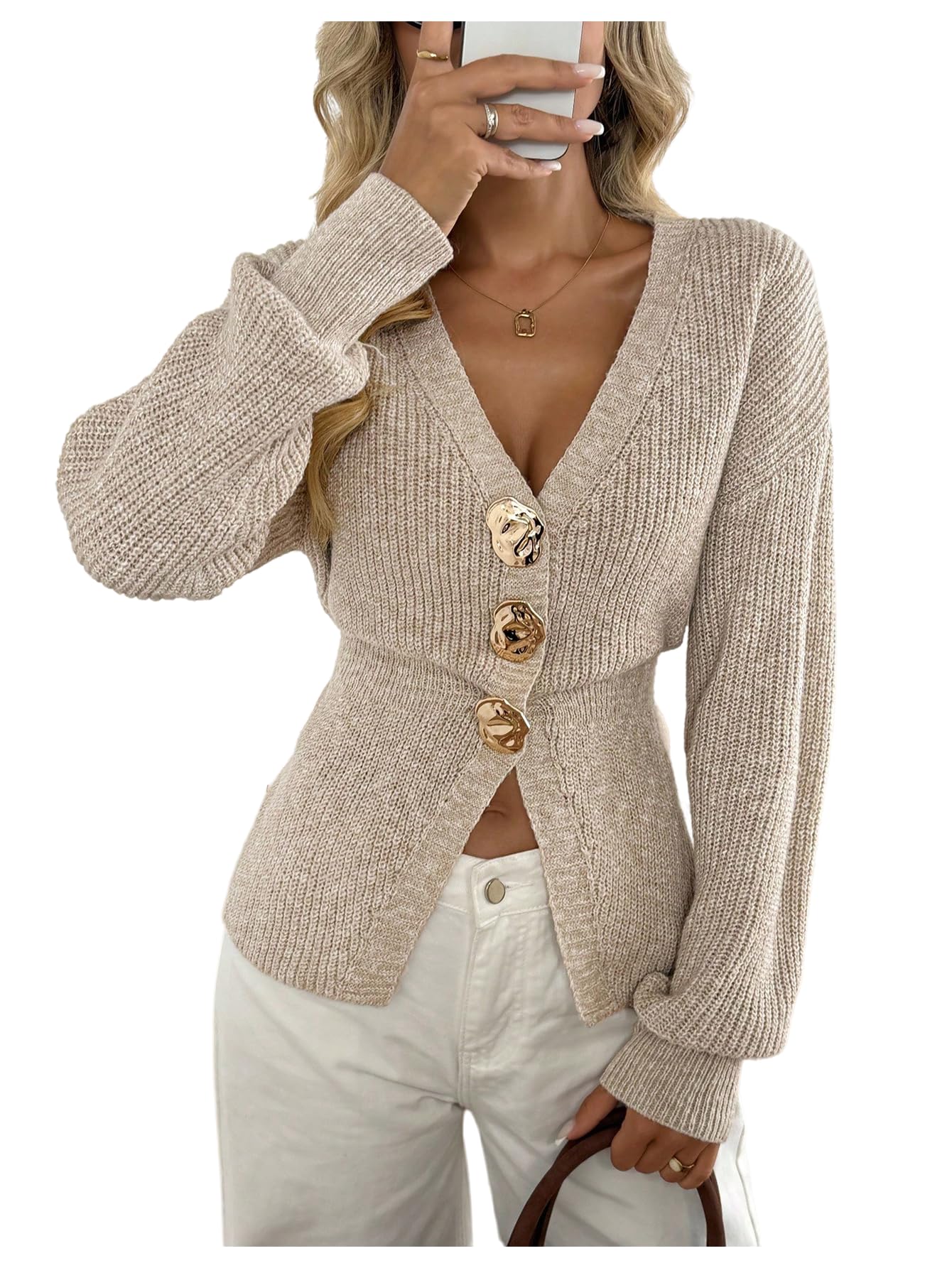 MakeMeChic Womens Metal Cardigan Sweaters Button Up Long Sleeve Old Money Outerwear