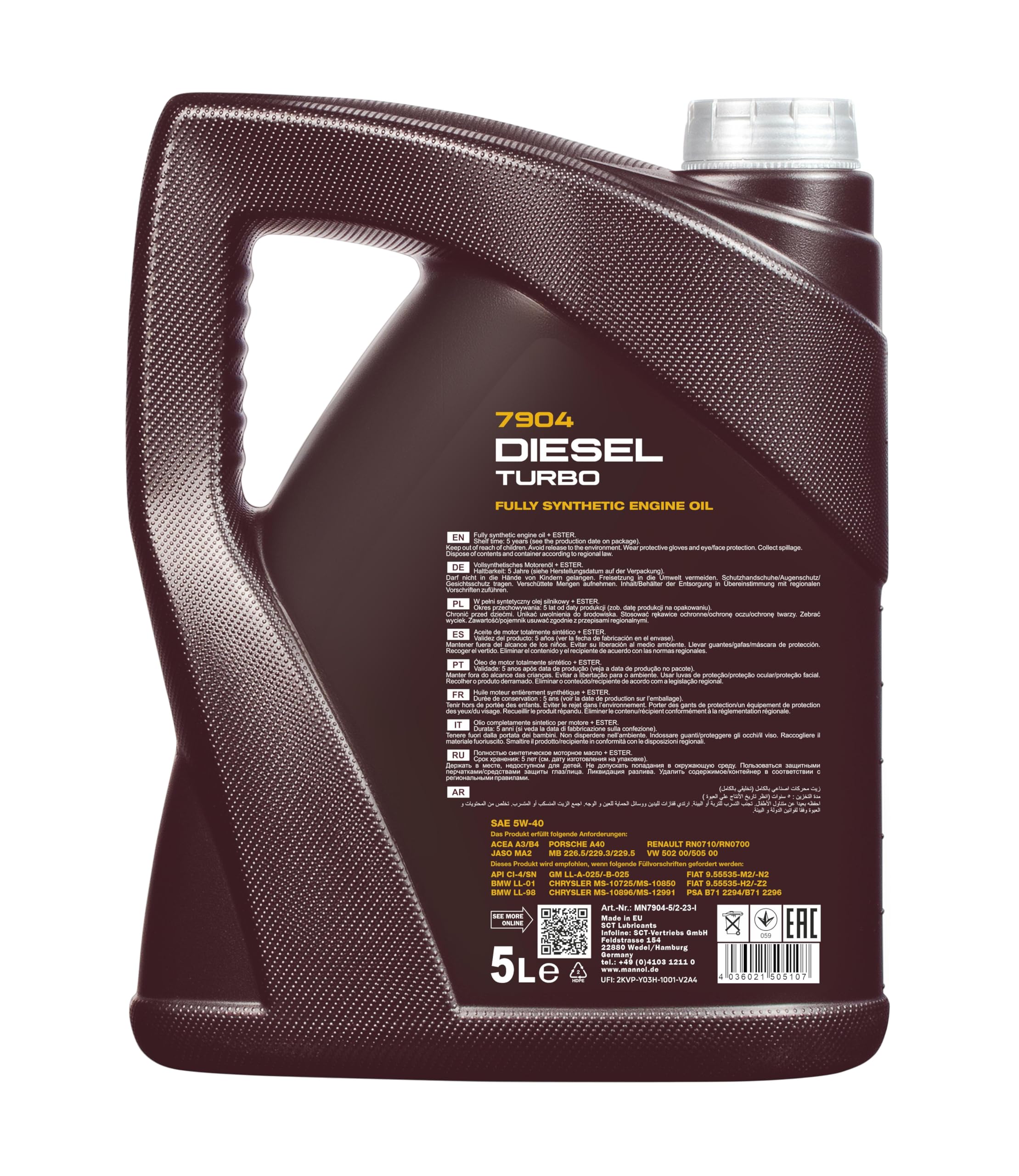 MANNOL Huile moteur DIESEL TURBO 5W-40 Huile synthétique huile ACEA A3/B4 API CI-4 API SN 5 L Compatible avec VW Golf 7 3/5 portes 5G1, BQ1, BE1, BE2 Golf 4 3/5 portes 1J1 Golf 5 3/5 portes 1K1, BMW