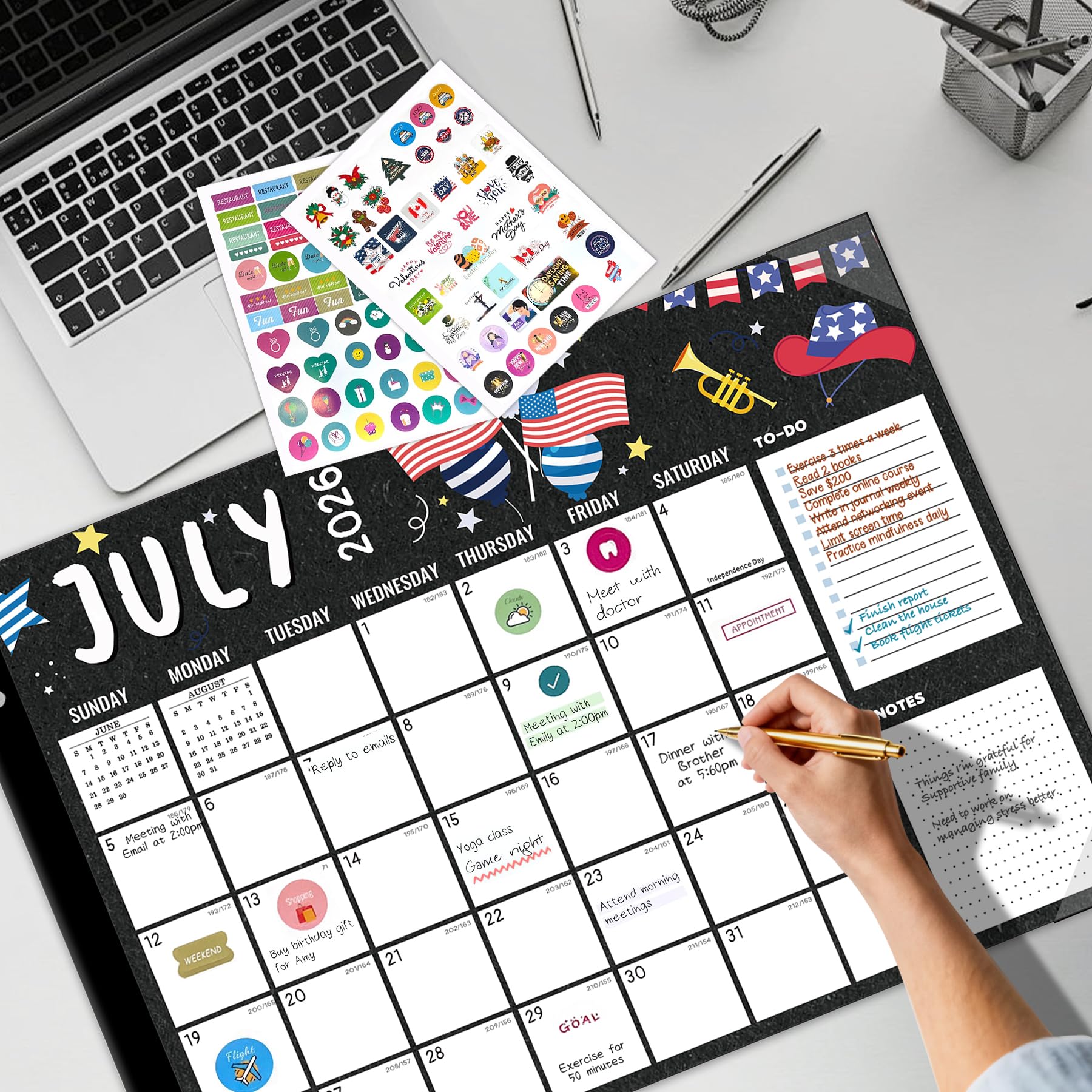 Calendrier de bureau 2026-2027, mensuel, sous-main, 18 mois, de janvier 2026 à juin 2027, extra large, 55,9 x 43,2 cm, motifs saisonniers colorés, autocollants inclus (noir (juillet 2026))