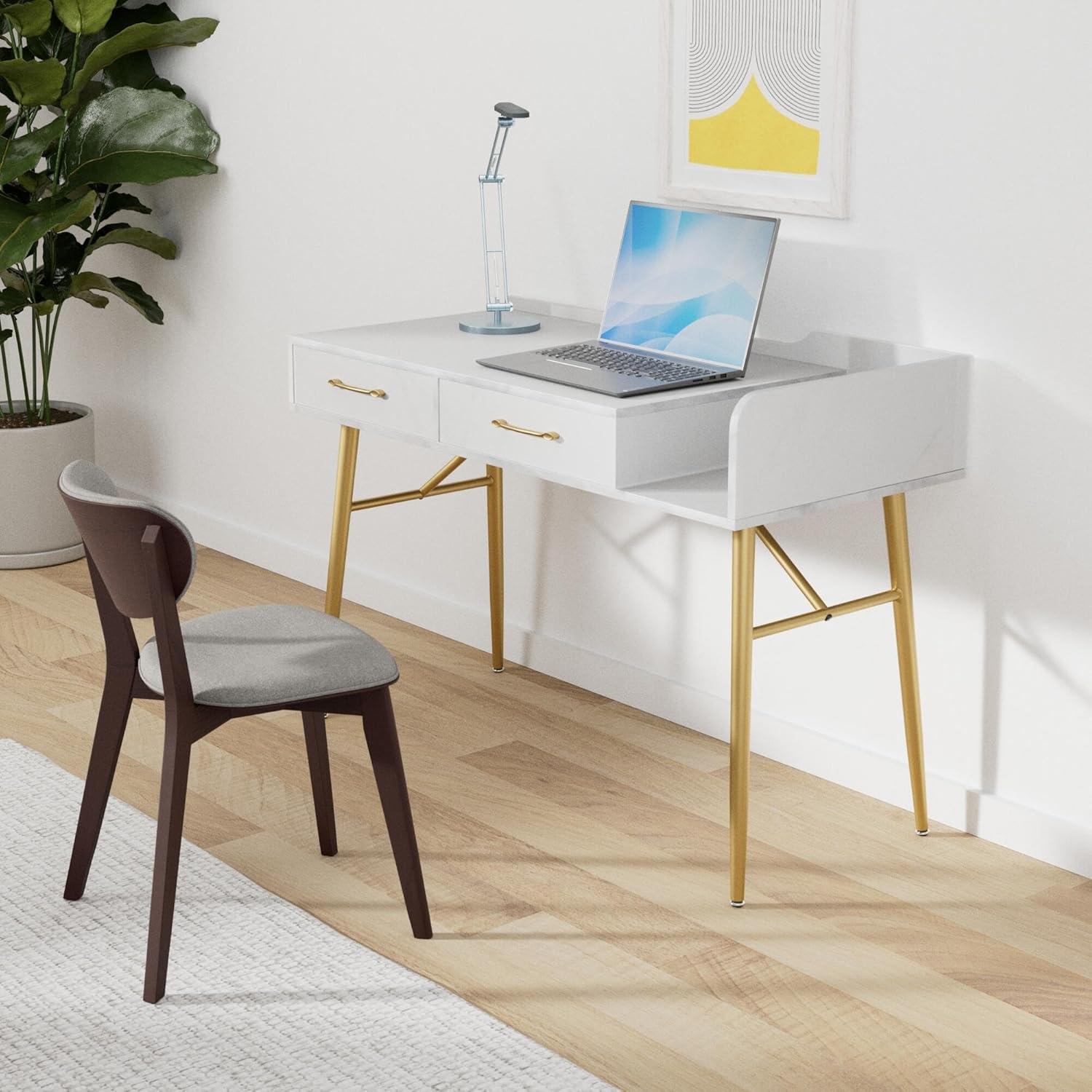 ivinta Vanity Desk with 2 Drawers, 47" Modern Home Office Desk with Storage, Makeup Dressing Table with Gold Legs for Bedroom Living Room 7155 (Gold & White)
