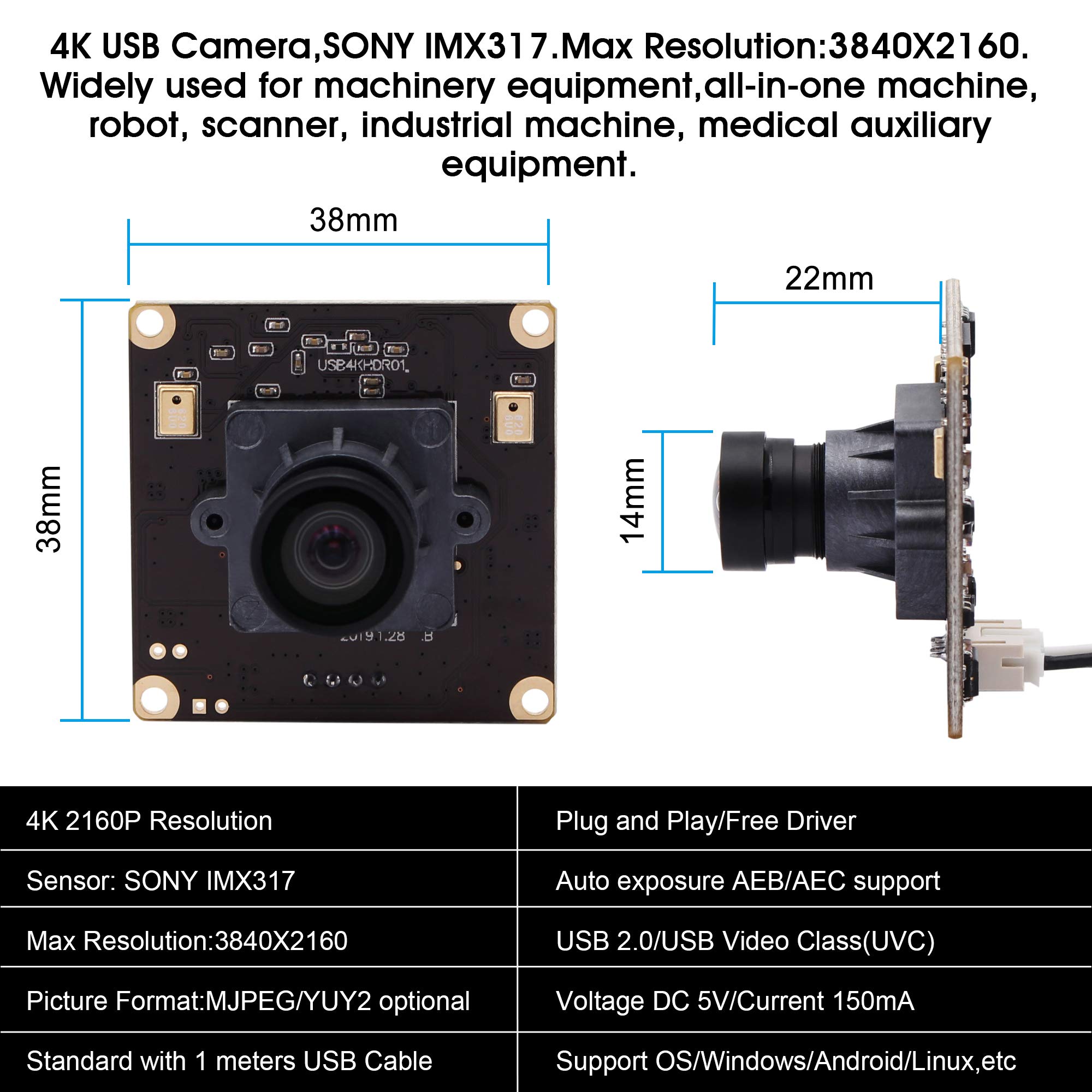 G Modulo fotocamera USB 4K, modulo webcam 2160p, modulo grandangolare UHD 30 fps, 100 gradi, senza distorsioni USB con fotocamera, video desktop, computer, scheda di memoria per Windows, Android, Mac,