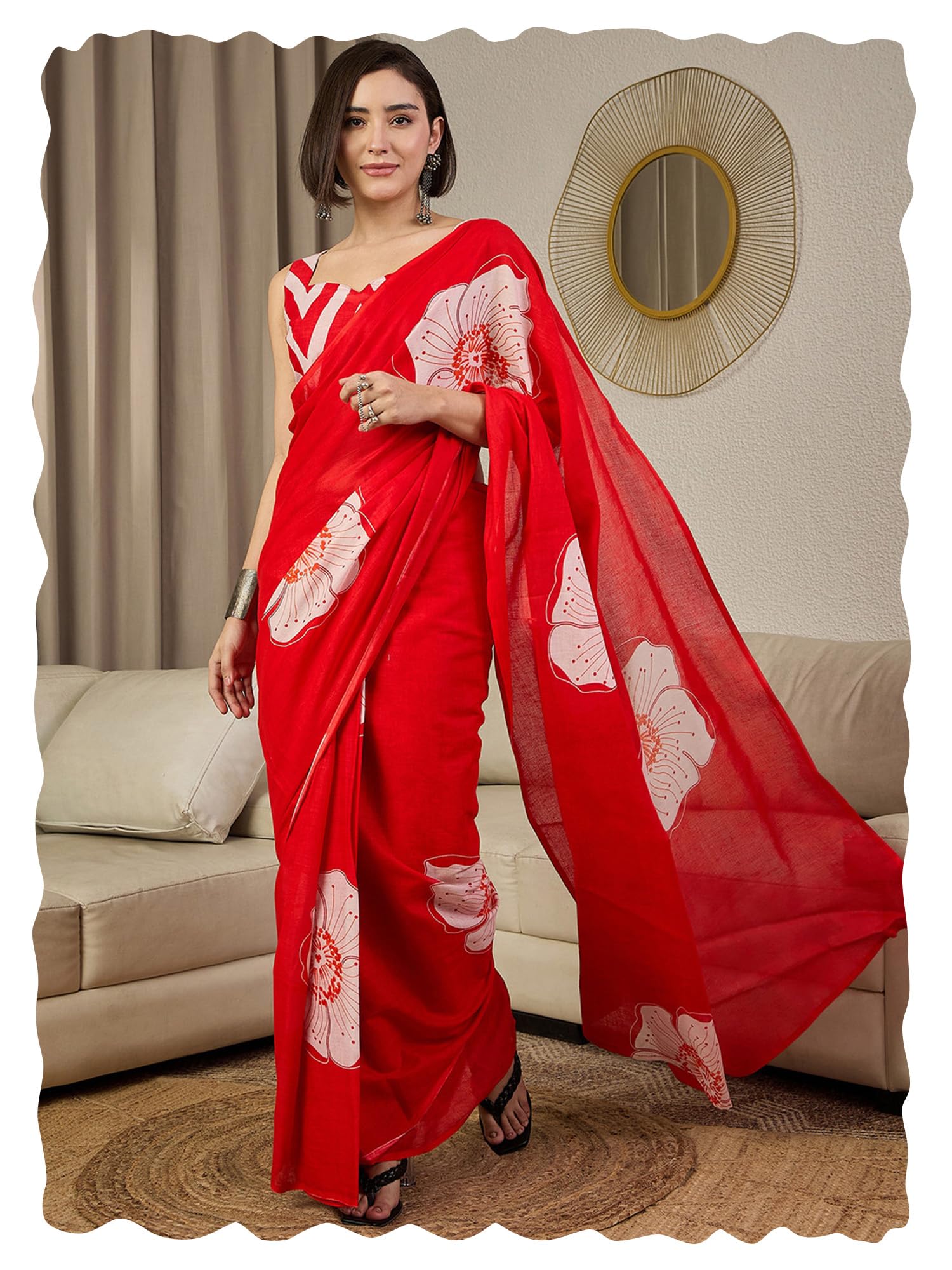 akhilam Women's Red Cotton Floral Printed Ready To Wear one Minute Saree With Unstitched Blouse Piece (RTWMINAXI10302_SMC)-picture-14