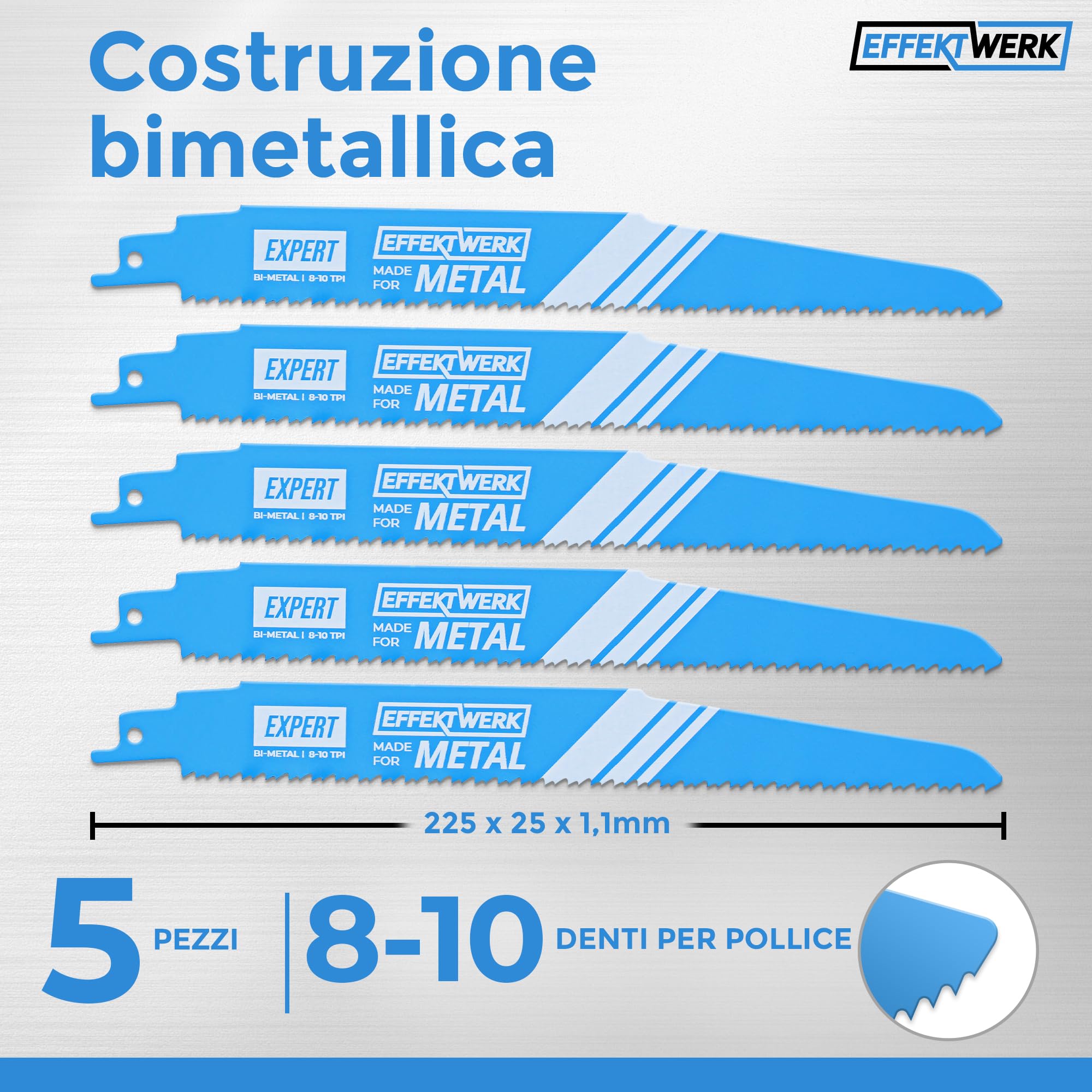 Lame per seghetto alternativo per metallo - 5 pezzi - Set di lame per seghetto alternativo per taglio di metallo da 9"/225 mm - Acciaio bimetallico - 8-10 TPI (denti per pollice)