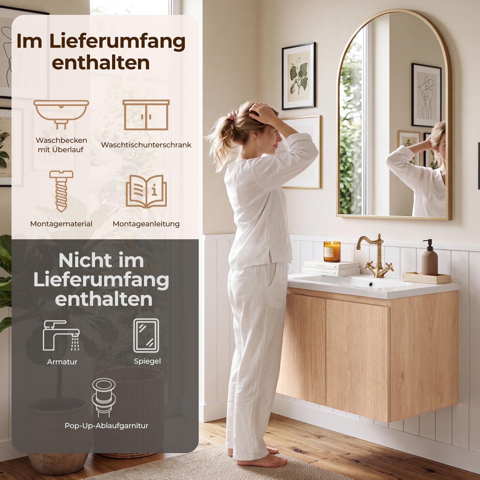 Waschbecken mit Unterschrank 60 cm, Hängend, Wandmontiert, Soft-Close | Handgefertigte Details, Keramikbecken, Soft-Close-Türen, versiegelte Kanten und Stauraum für kleine bis mittelgroße Bäder.