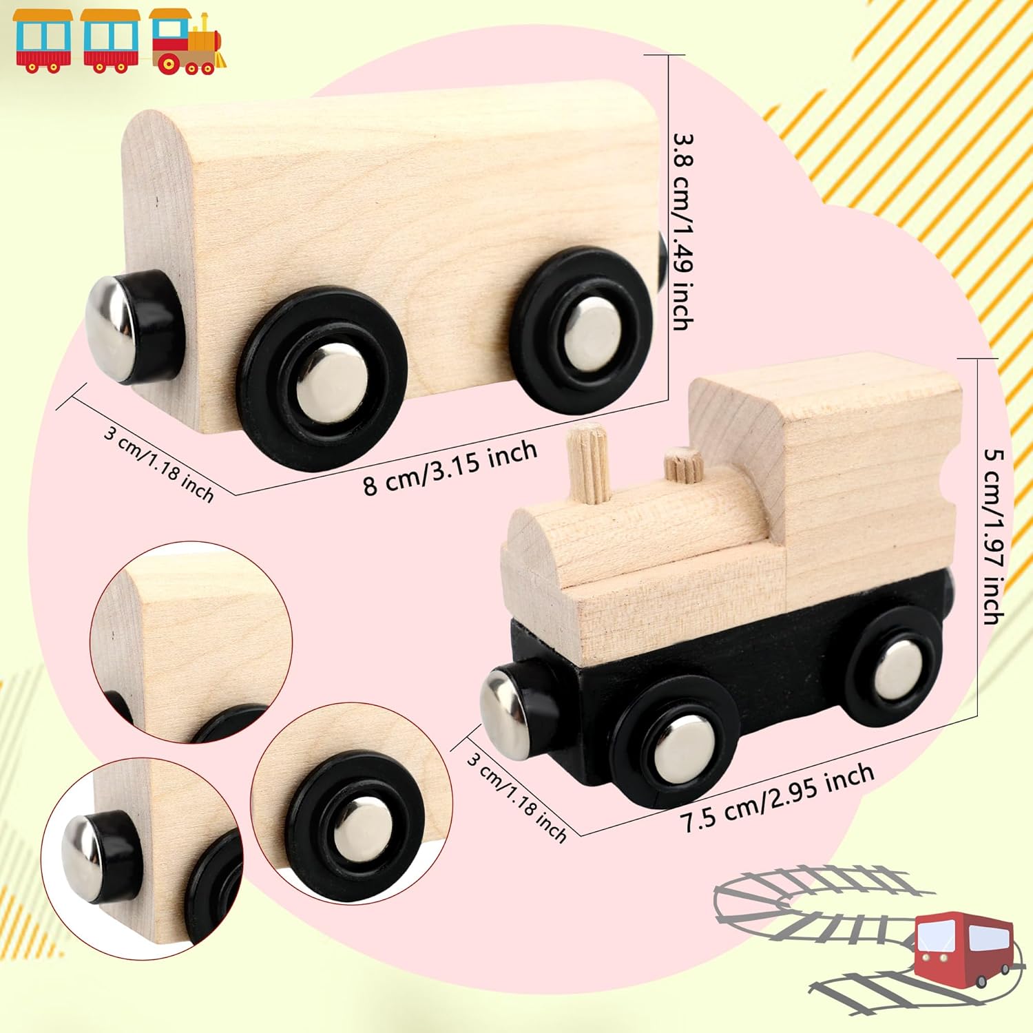 18 Pack Unfinished Wooden Cars Unpainted Magnetic Wood DIY Crafts Trains Car for DIY Craft Activities Birthday Gift (Color Set 1)