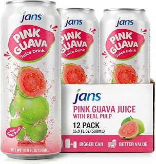 Jans Pink Guava Juice with Real Pulp, No Sugar Added Guava Nectar, Fat-Free & Cholesterol-Free, 16.9oz Cans (12 Pack)