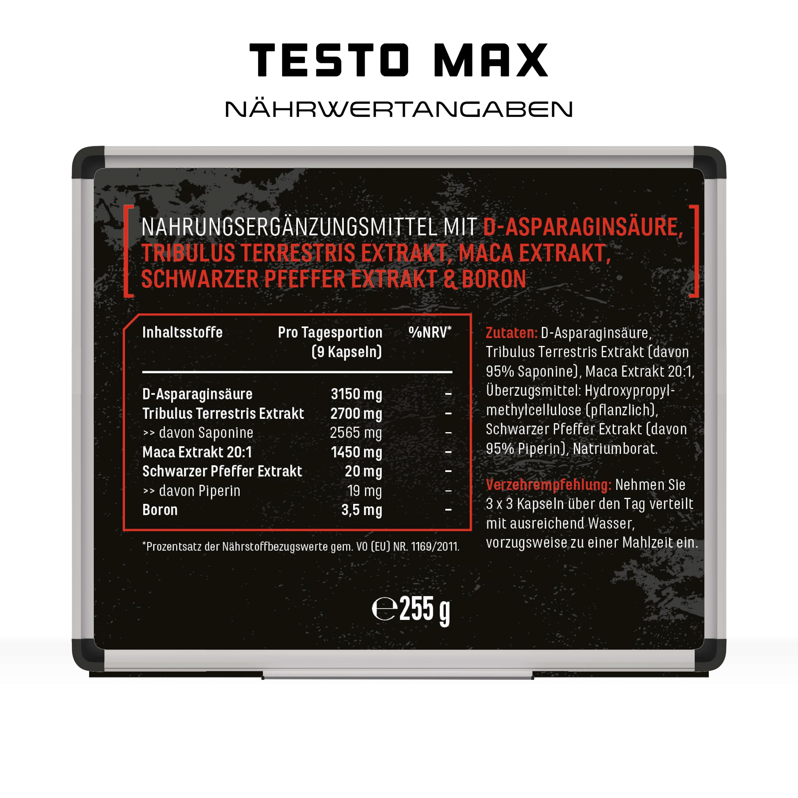 Testo MAX - 270 cápsulas - Extra fuerte: Altamente dosificado con 7320 mg por porción diaria - Con aminoácidos, extractos de plantas Tribulus y Maca, Boron, ácido D-Aspártico - Vegano