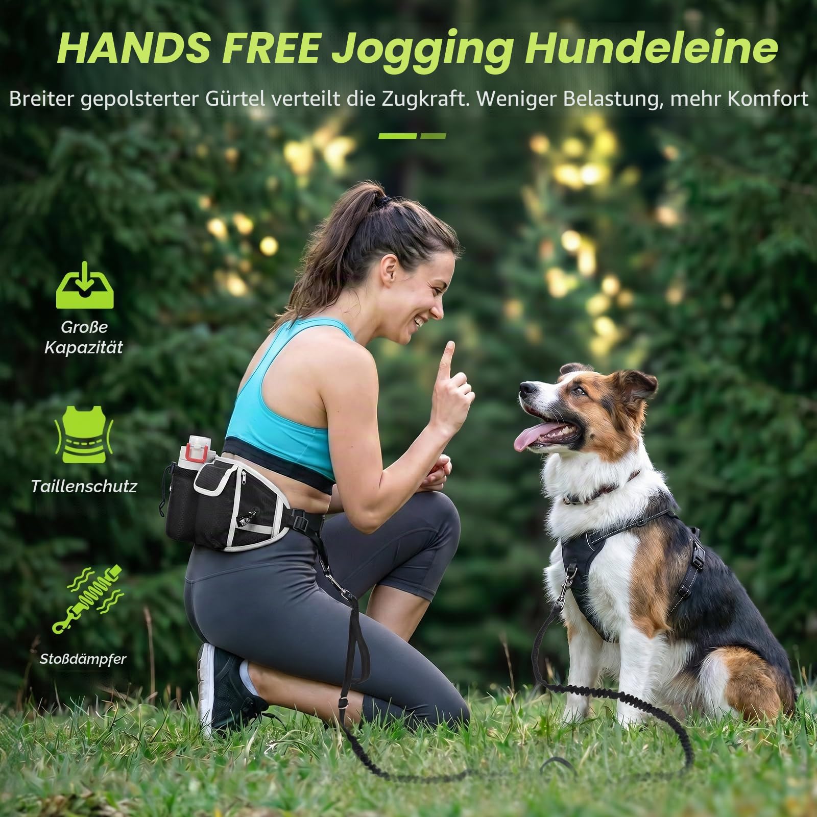 Pecute Joggingleine Hunde mit Mehrere Taschen Bauchgurt, Hundeleine 1.6-2.5M bis zu 30 kg, Stoßfest, Bequem, Reflektierende Nähte, ideal zum Laufen, Joggen und Gehen
