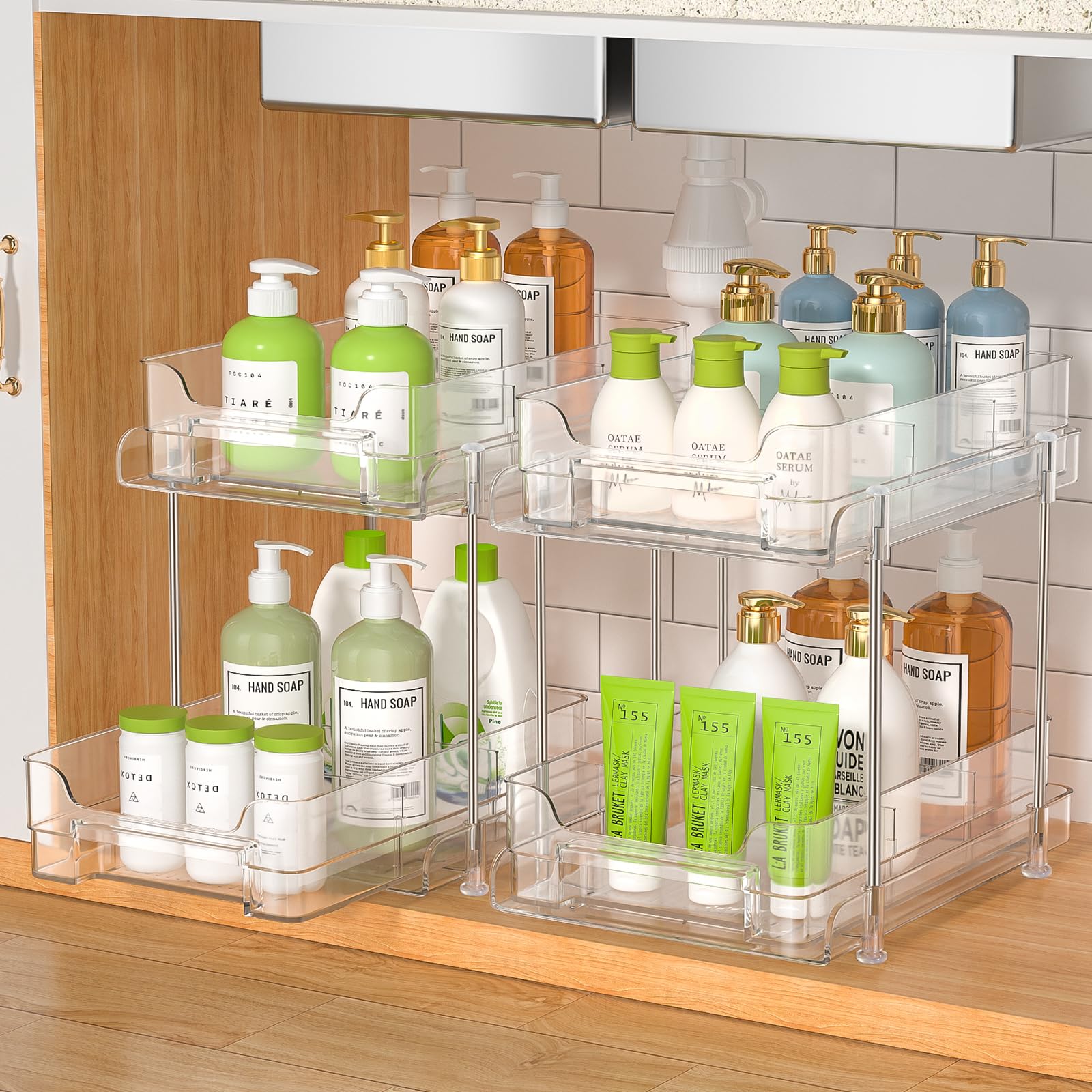 2 Paquete Organizador Cocina Debajo del Fregadero, 2 Niveles Extraíble Estante Almacenamiento, Maquillaje, Baño, Productos de Limpieza, Cajones