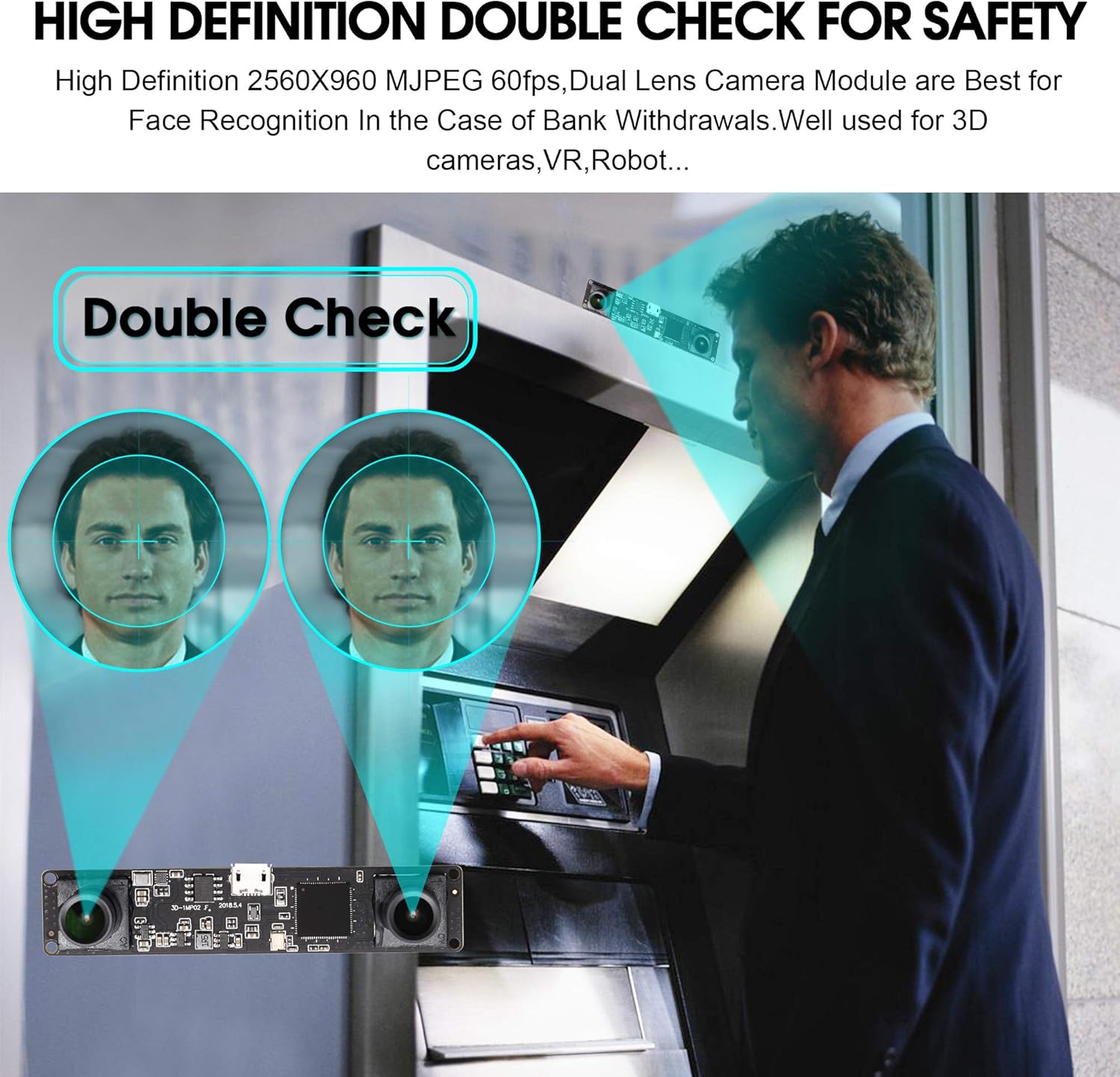 Image showing various applications of the ELP Dual Lens USB Camera Module, including drones, robots, ATMs, and electronic equipment.