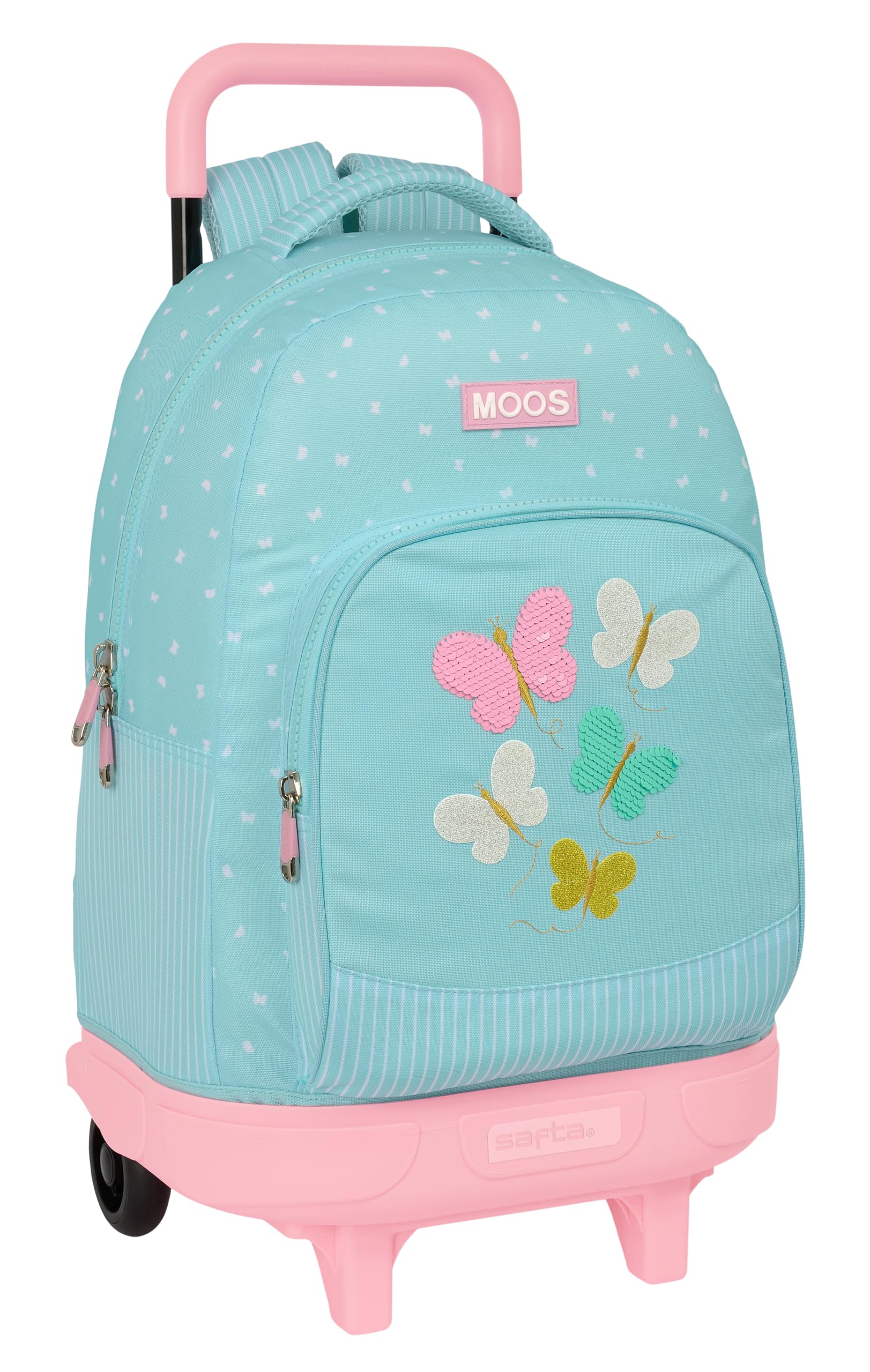 Safta Moos Butterflies - Mochila Grande con Ruedas, Compacta, Extraíble, Ideal para Niños de Diferentes Edades, Cómoda y Versátil, Calidad y Resistencia, 33x22x45 cm, Color Azul Claro