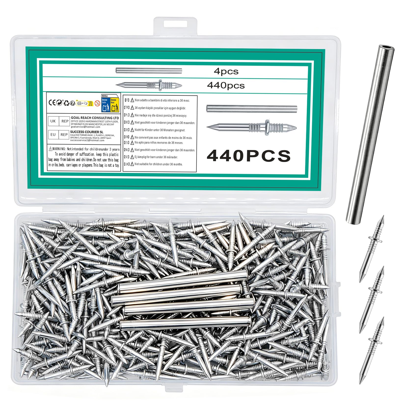 440 PcsDouble Headed Skirting Nails, Double Sided Nails, Double Ended Nails Traceless Screws for Wood & Skirting Board, with 4 Pcs Sleeve Tools