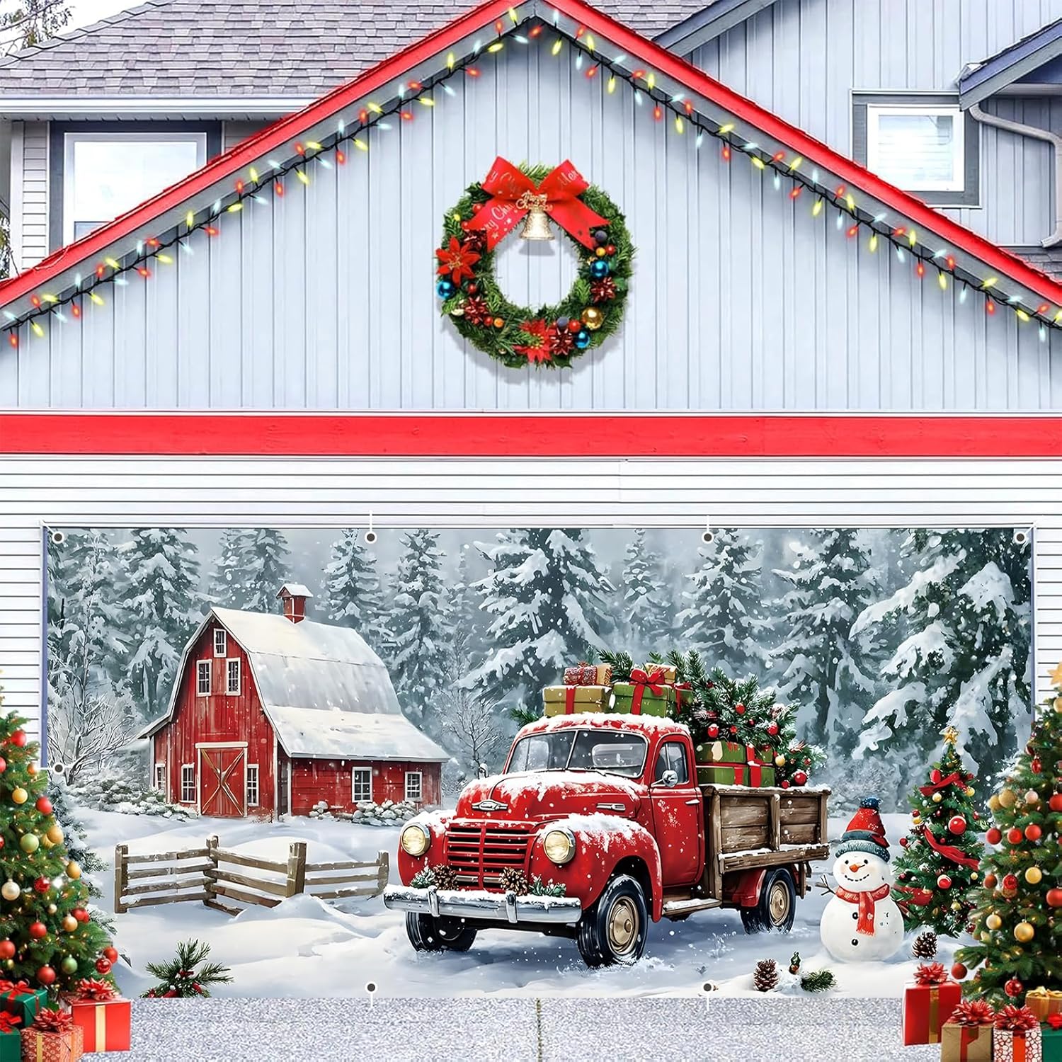 Christmas Garage Door Cover Decorations 7x16ft Winter Village Farm Backdrop Barn Truck Snowman Forest Xmas Tree Banner Background Mural Large Holiday Outdoor Decor