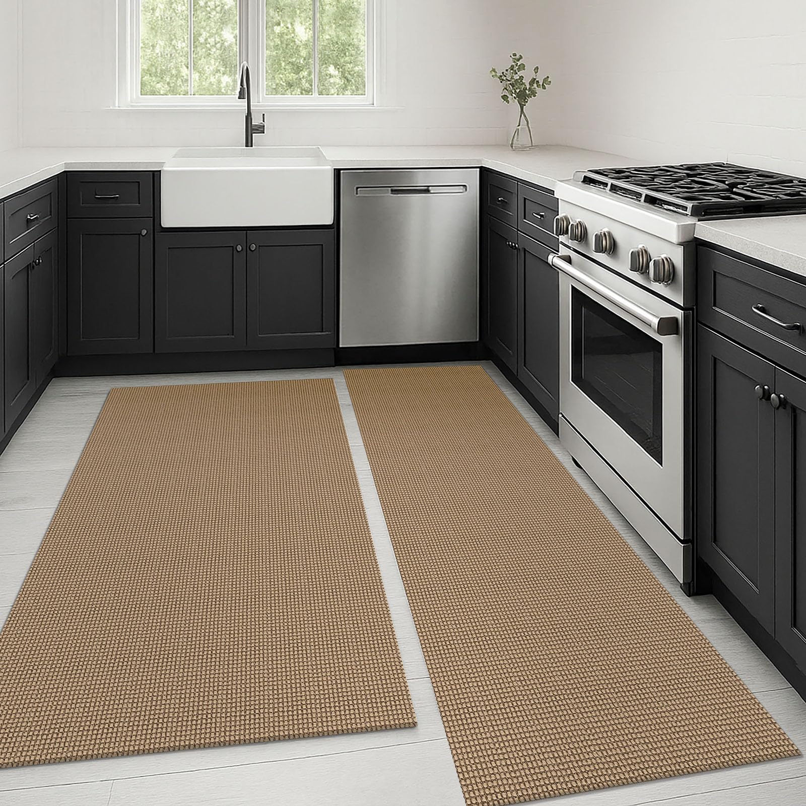 KOZYFLY Boho Area Rug Runner Sets of 2Pcs 2x6 and 3x5 Washable Entry Rugs Non Slip Rubber Backed Kitchen Rug Woven Cotton Entrance Rugs for Front Porch Bathroom Kitchen Bedroom, Tan/Orange/Brown — image 1