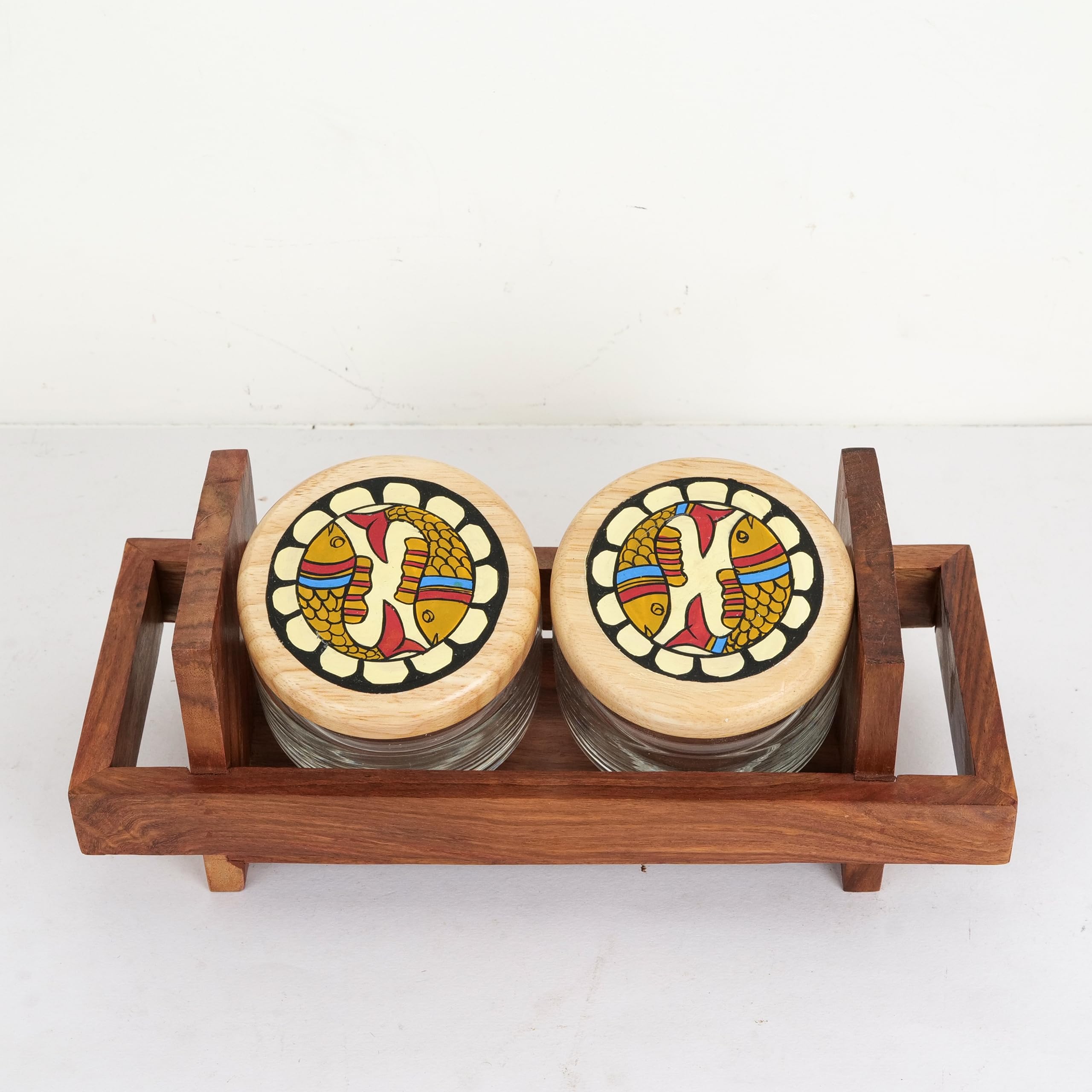 Artysta 'Fish Encircle' Handpainted Decorative Airtight Glass Jars and Container Set With Lid & Wooden Tray | Glass Continer For Home & Kitchen (Set Of 2, 300 ml) - Image 4 thumbnail