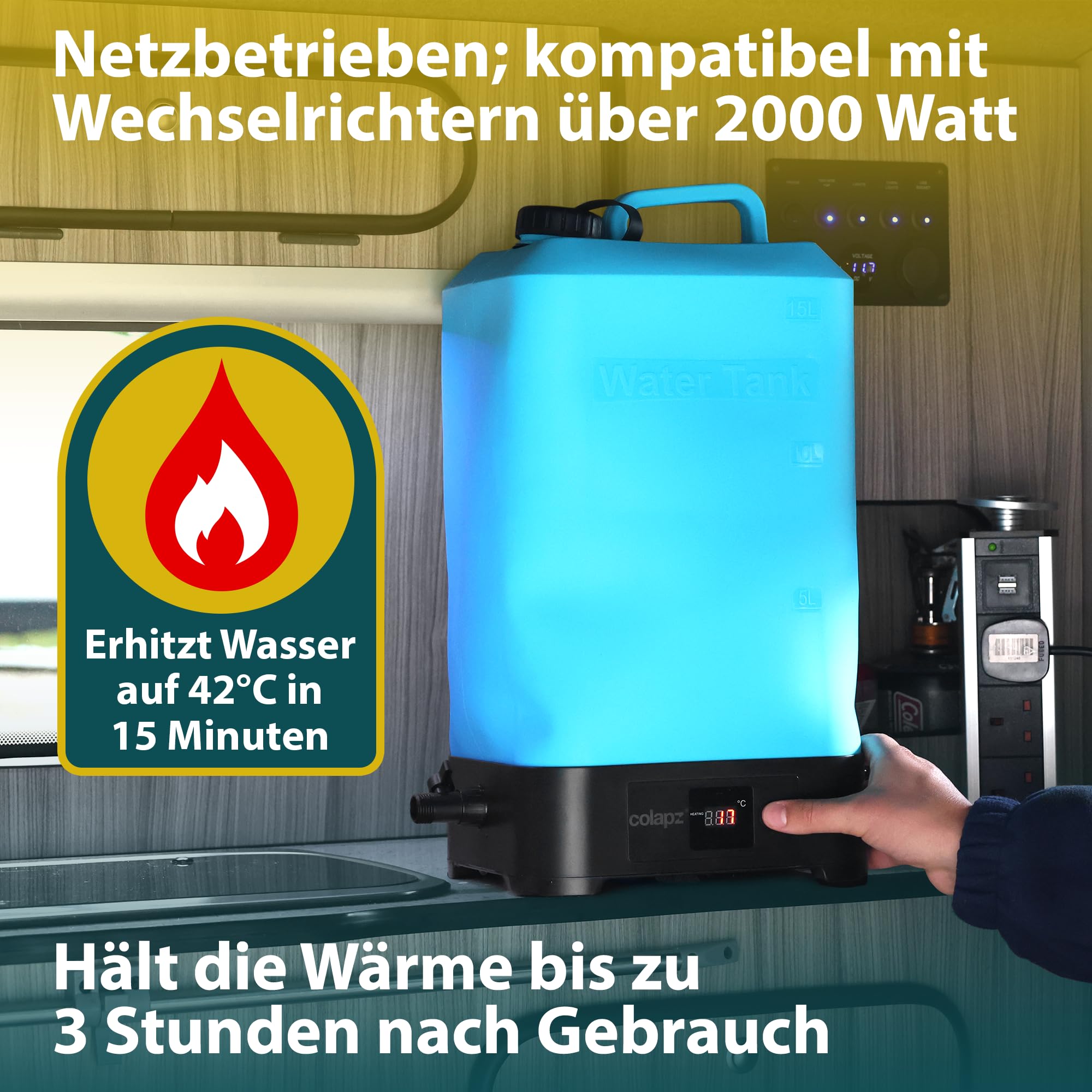 Colapz Elektrische Campingdusche mit Akku & 15L Wassertank – Tragbare Außendusche bis 42°C Warmwasser – Mobile Dusche für Wohnmobil, Van, Outdoor Reisen, Festival, Wandern & Garten