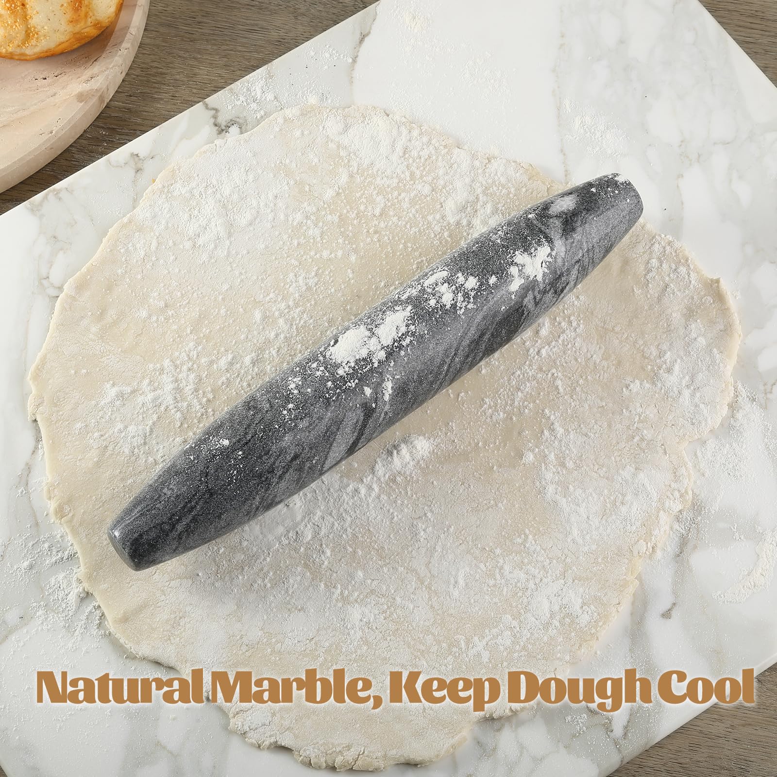 Koville Mattarello francese in marmo grigio naturale africano, mattarello antiaderente da 30,5 cm per cottura, rullo per pasta, gnocchi, fondente, torta, pane, pizza, utensili da cucina